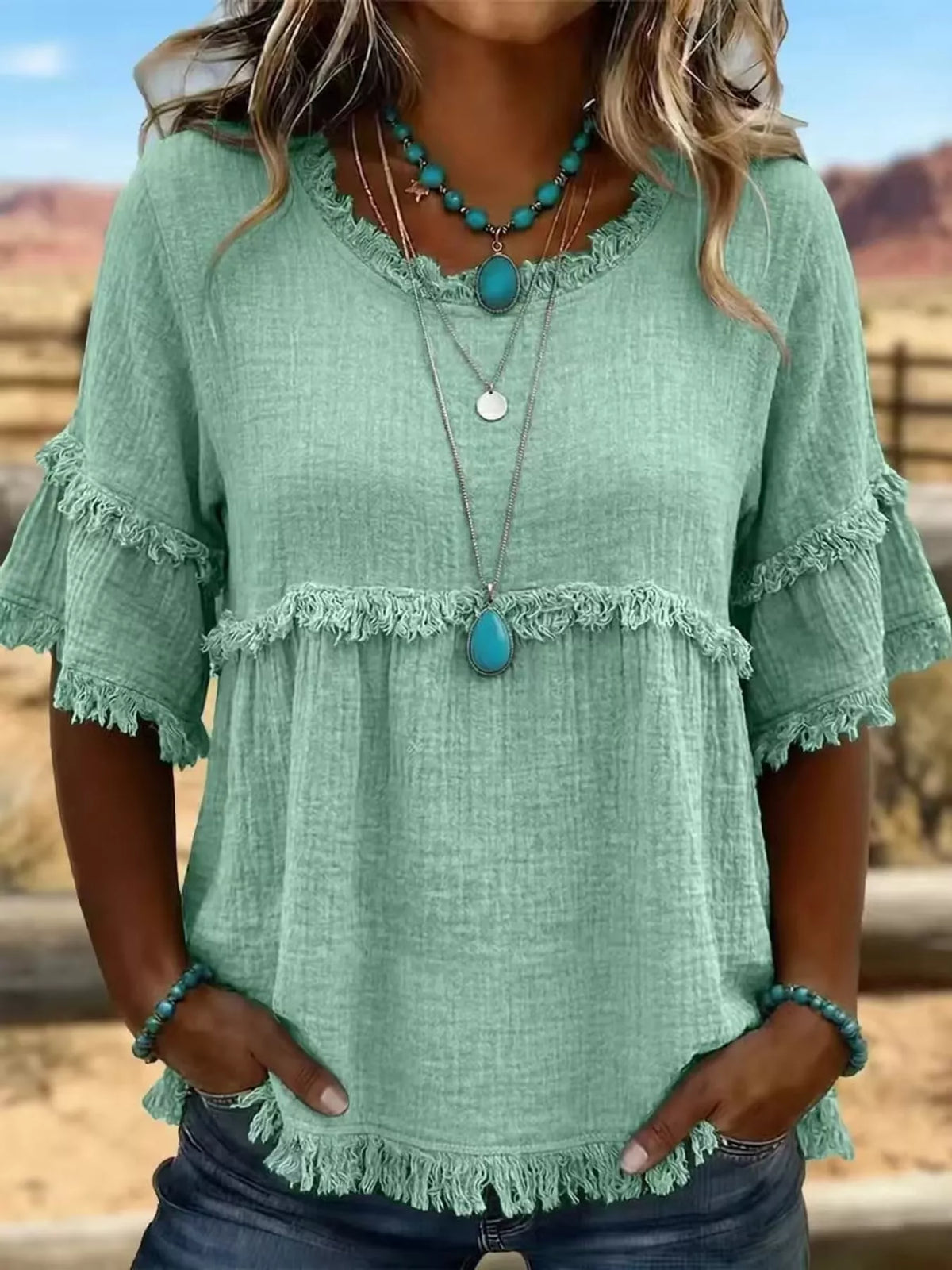 Green frayed edge textured blouse