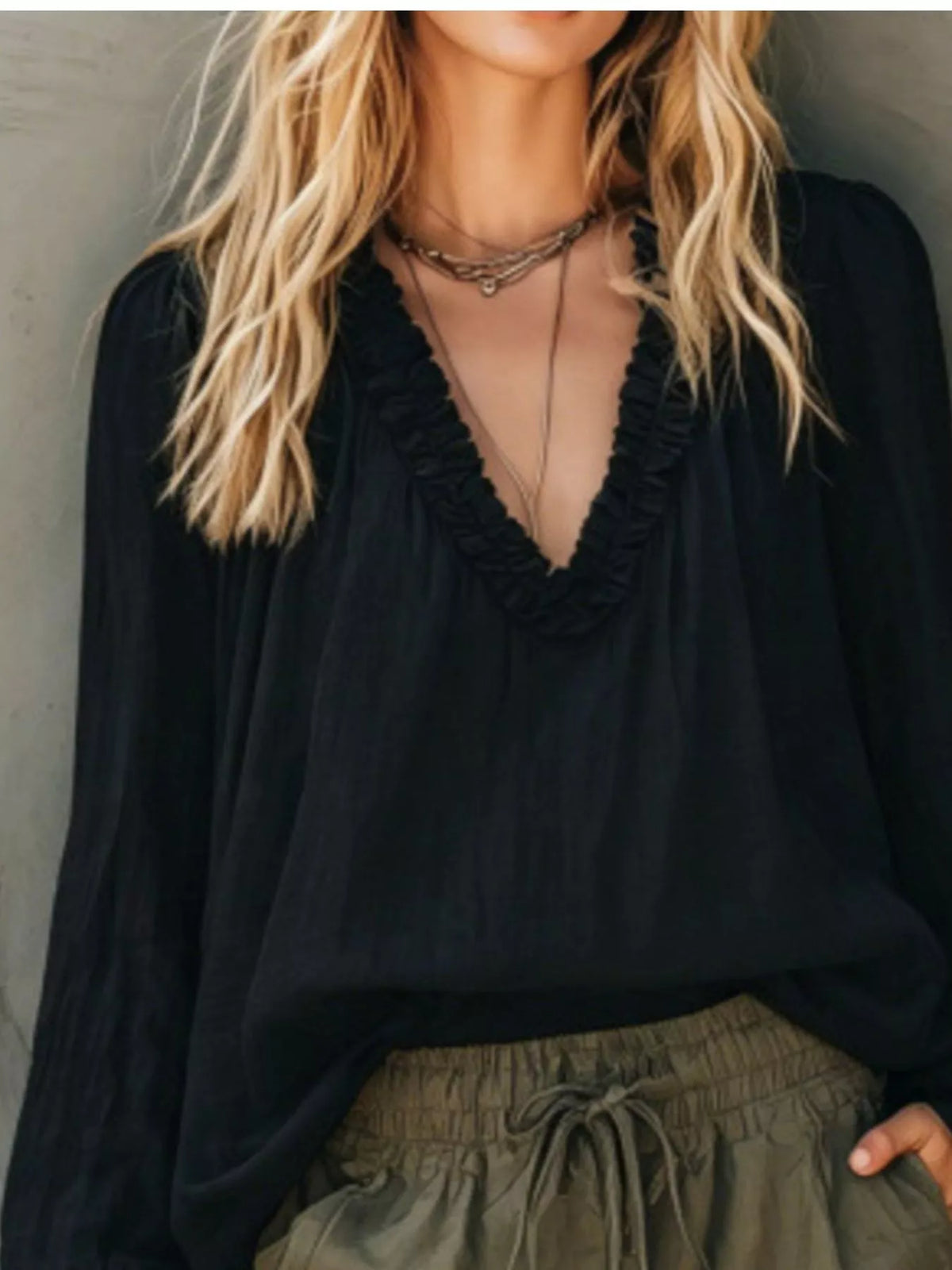 Trendsi Frill V-Neck Long Sleeve Blouse -