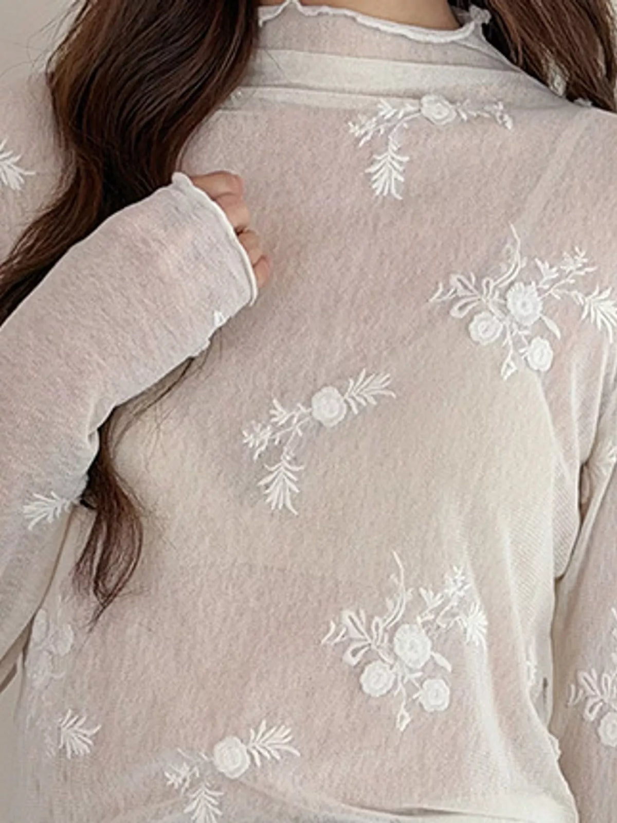 Sheer Floral Embroidered Mock Neck Blouse — construction details