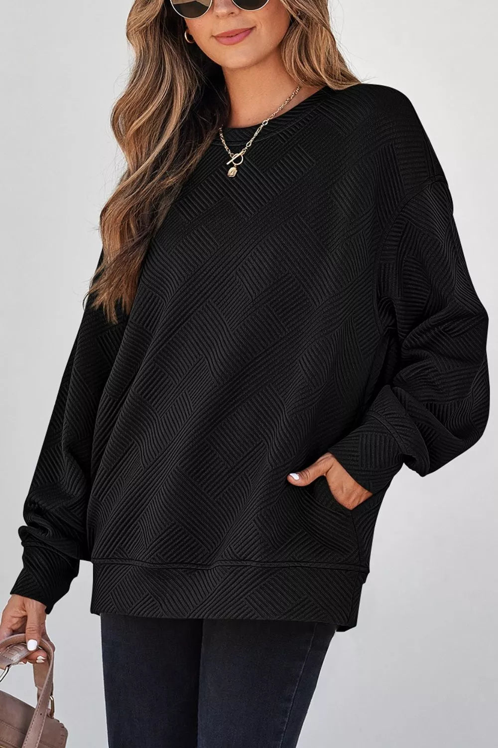 Trendsi Solid Color Textured Round Neck Drop Shoulder Pullover Sweatshirt -