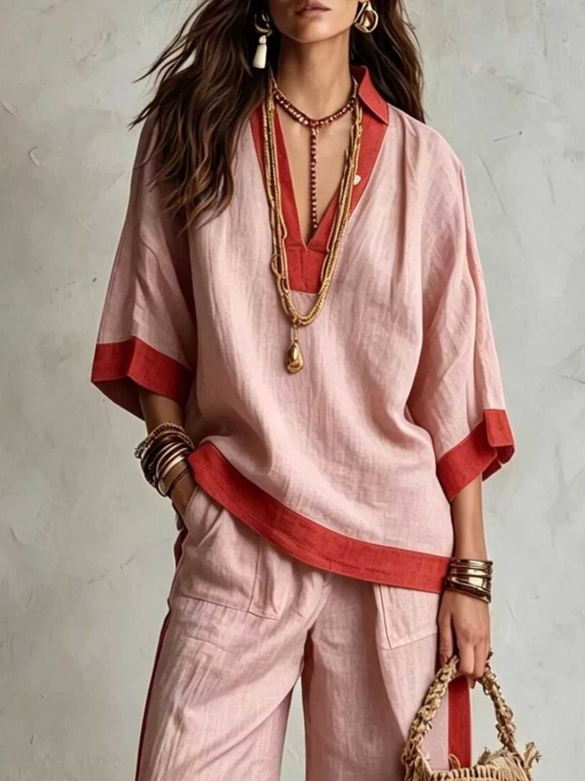 Contrast Trim Top and Wide Leg Pants Set in pink, top detail