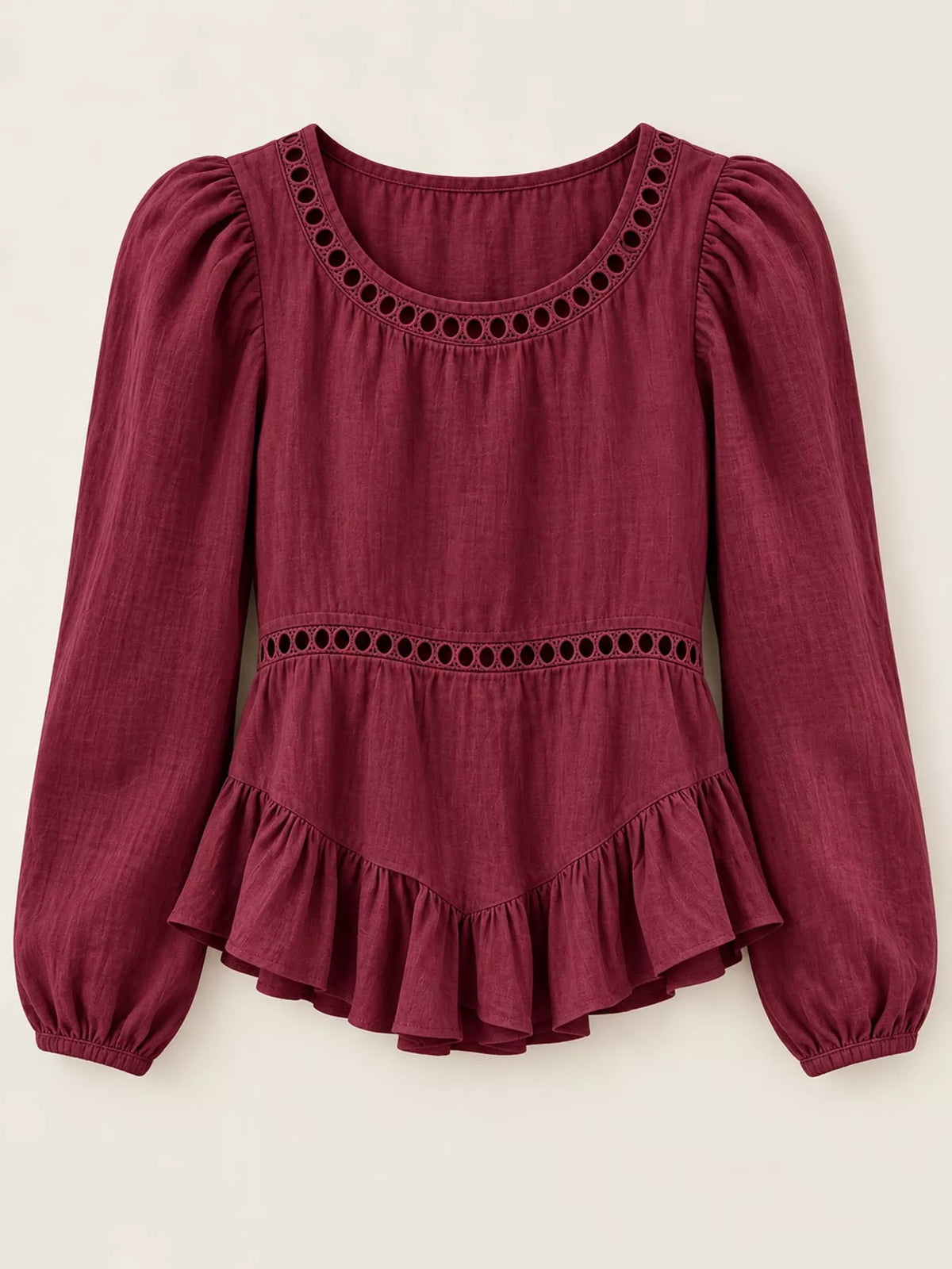 Women's Long Sleeve Blouse with Eyelet Lace Trim and Ruffled Hem in burgundy — flat lay view