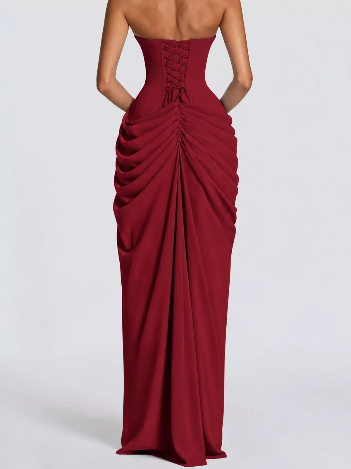 Red strapless ruched high-slit evening dress, back view