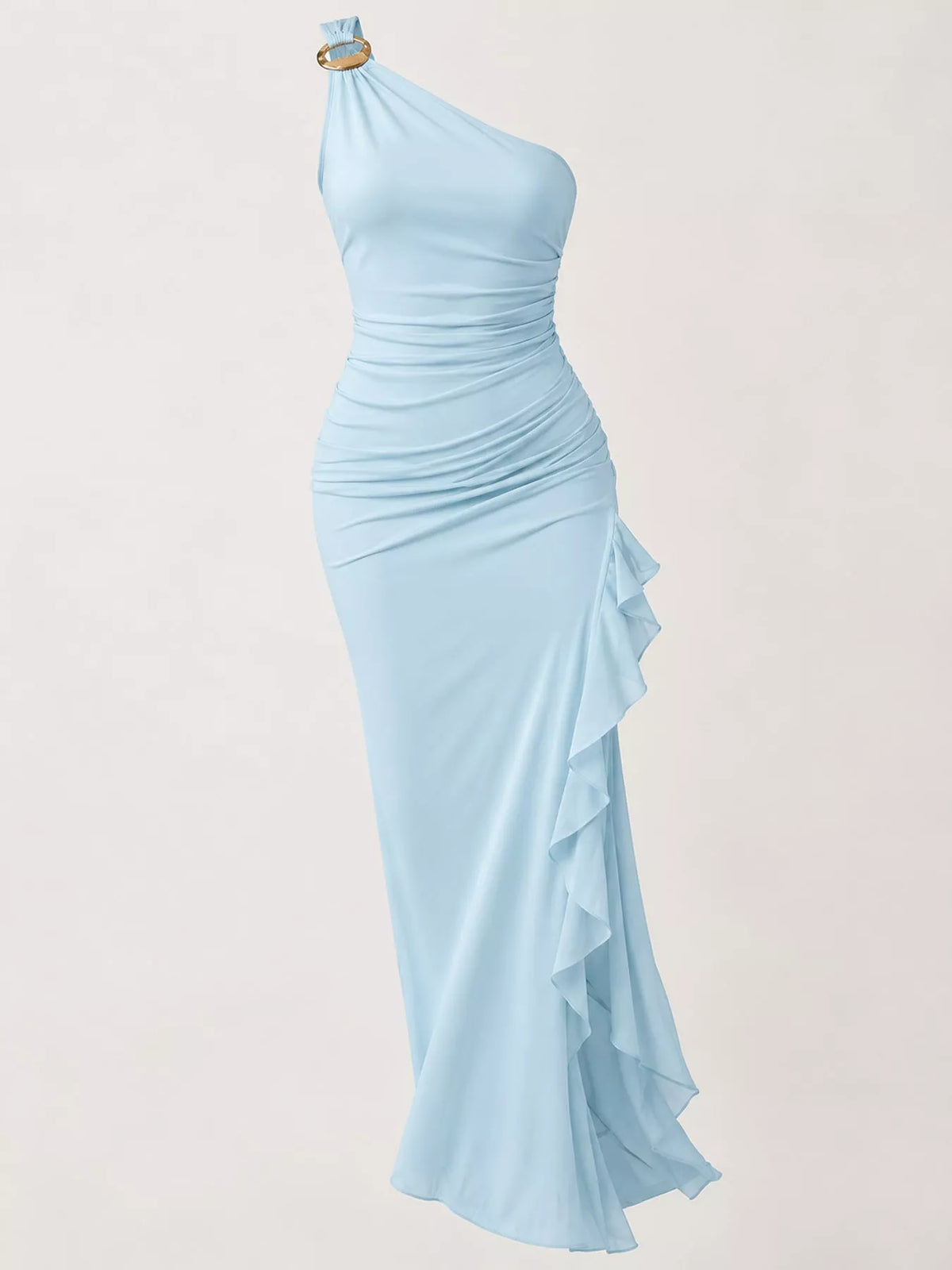 Light blue one shoulder ruched ruffle hem maxi dress, front view