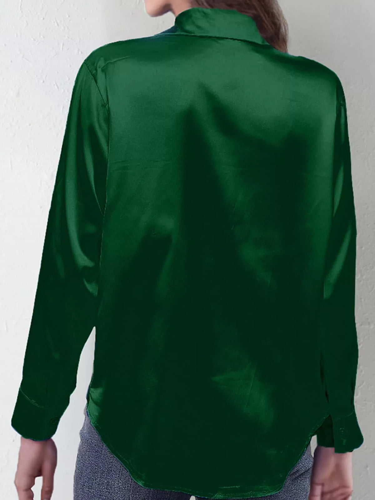 Dark Green satin button-down long sleeve shirt, back view