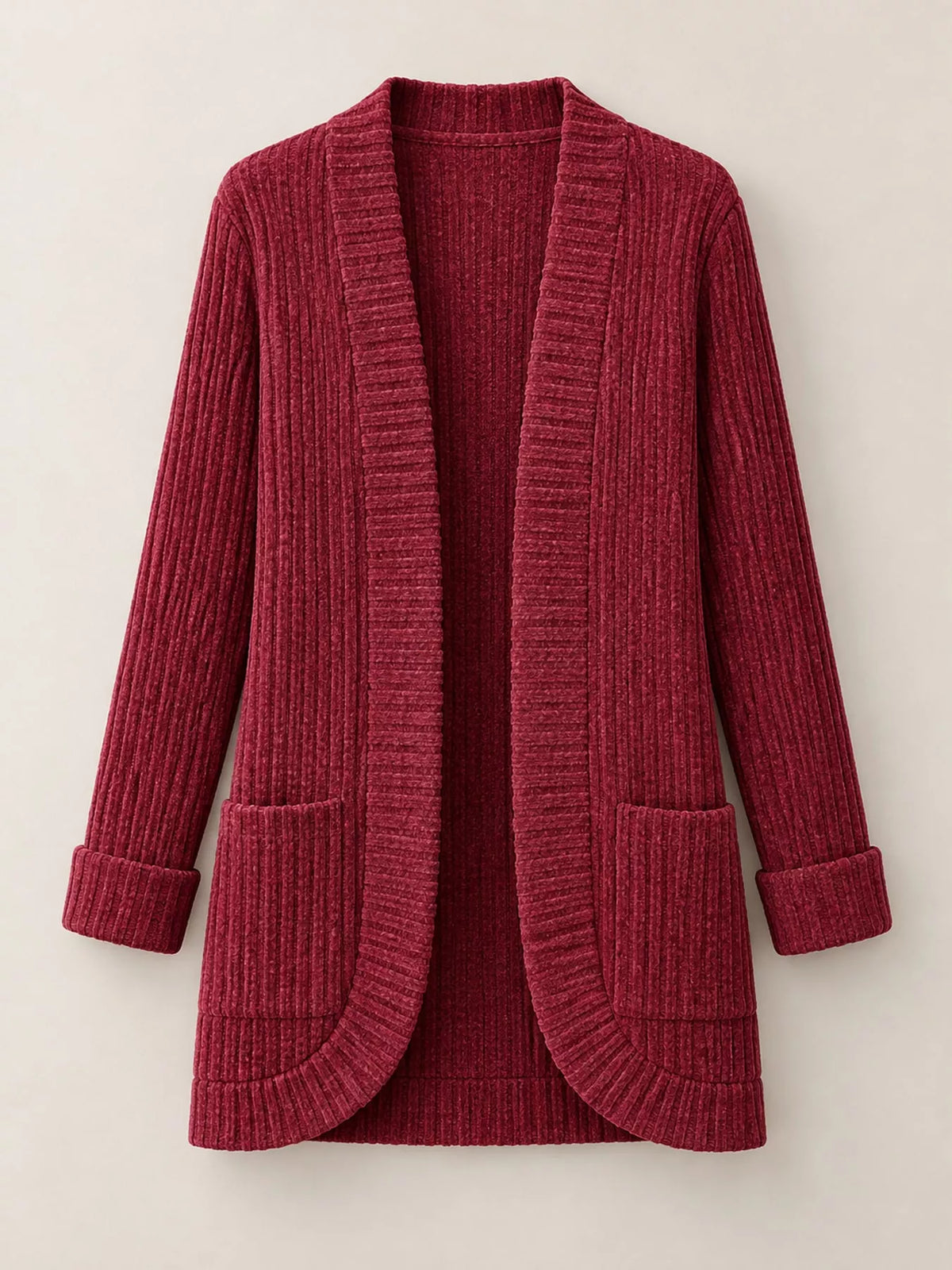Ribbed Knit Open Front Cardigan with Pockets — garment front