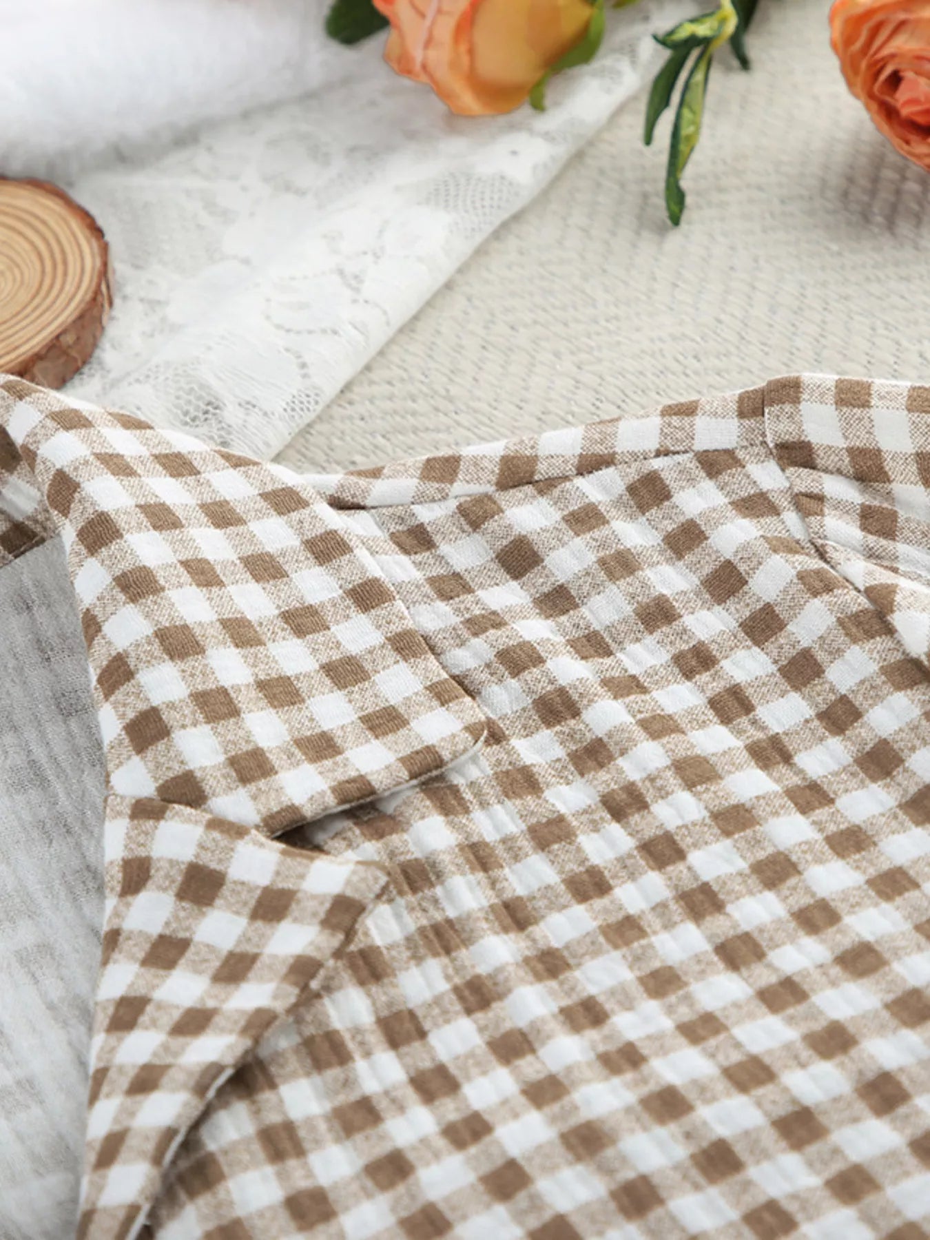 Trendsi Gingham Ruffle-Trim Top and Pants Lounge Set -