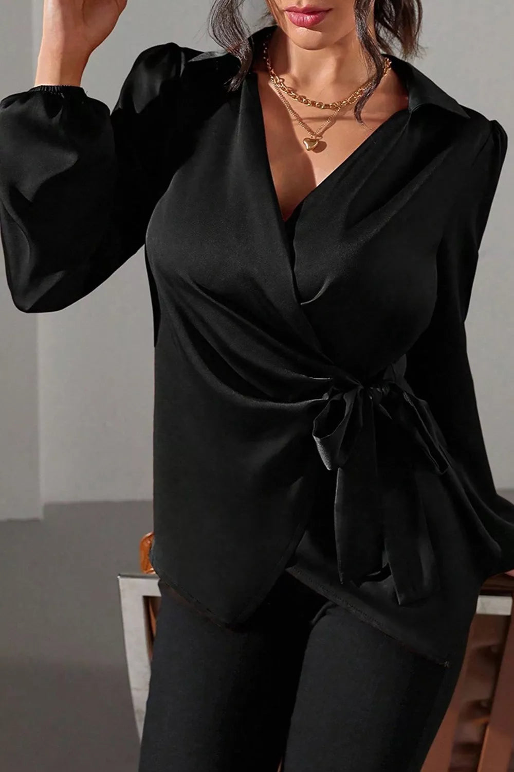 Trendsi Satin Tied Detail Long Sleeve Blouse -