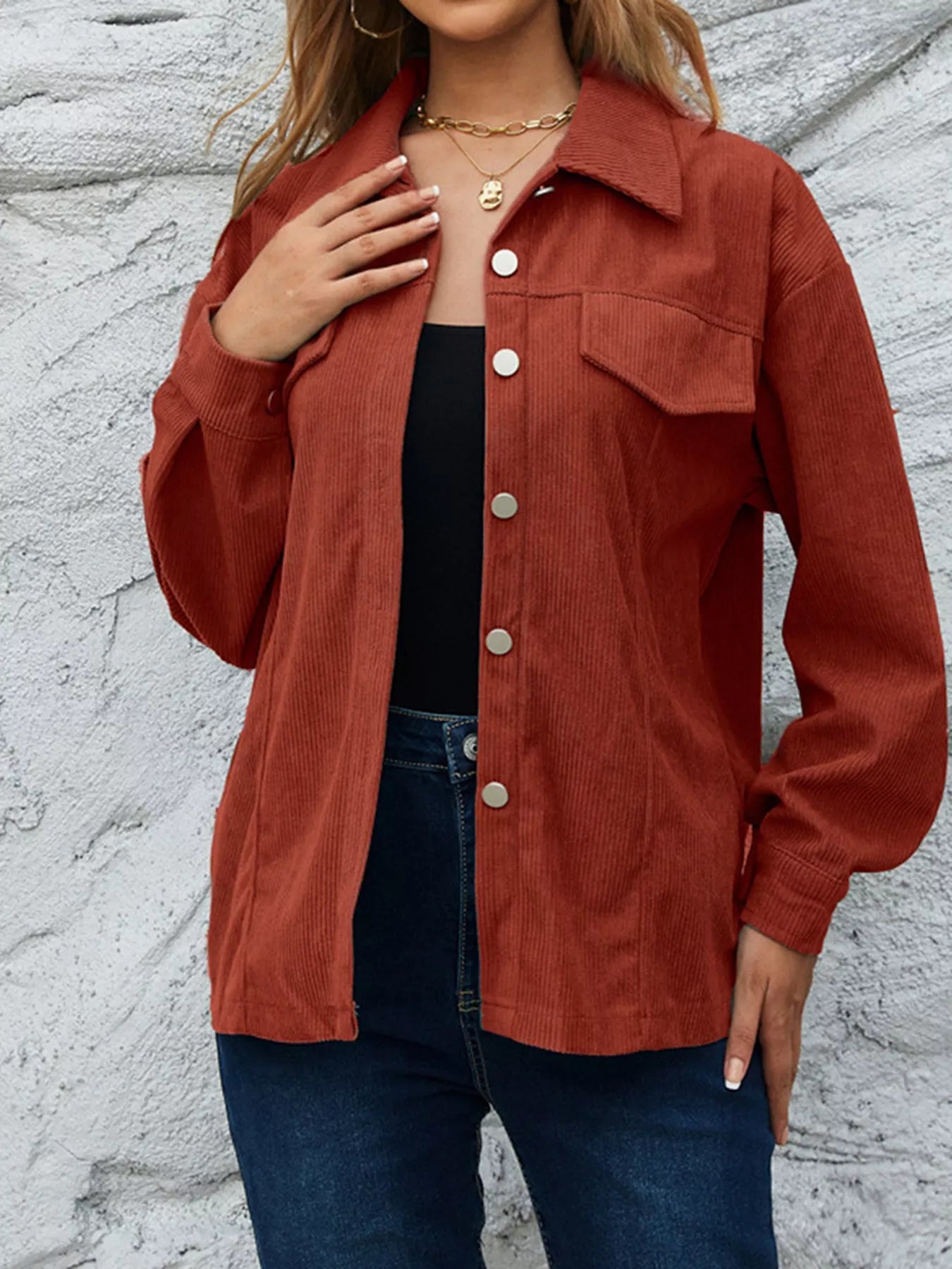 Trendsi Corduroy Button-Down Shirt with Chest Pockets -