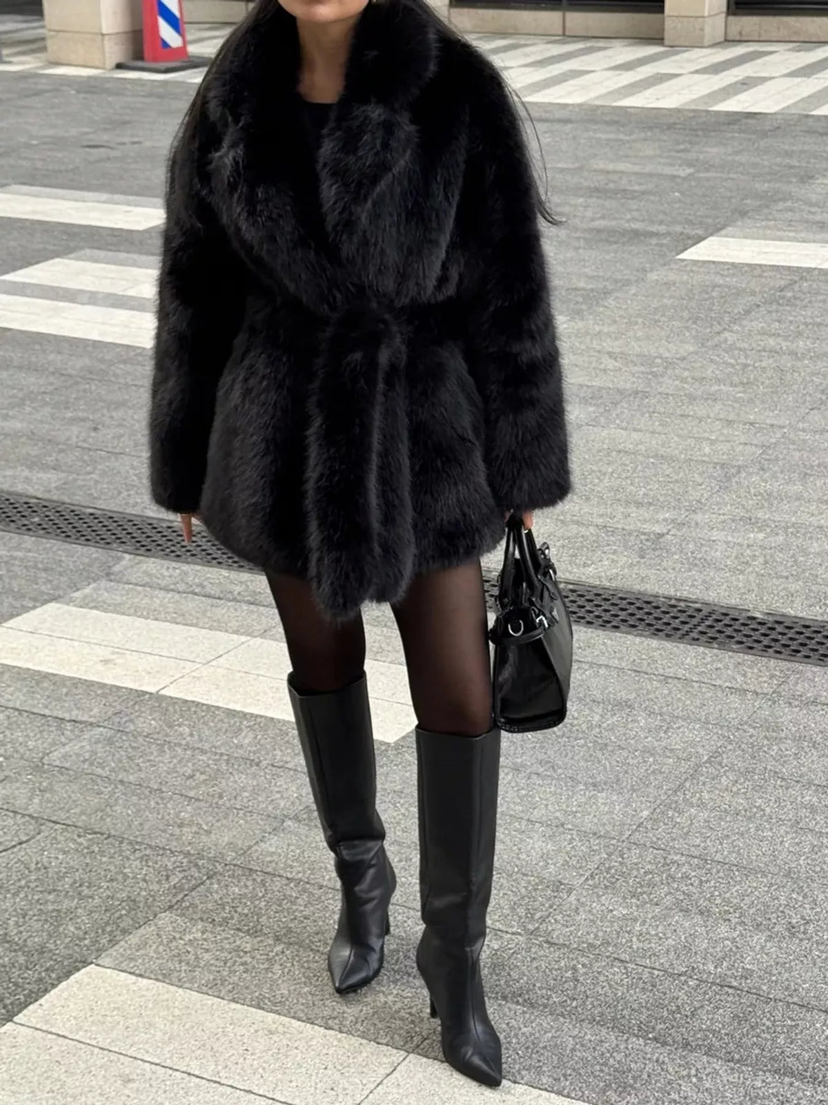 Faux Fur Belted Coat in black