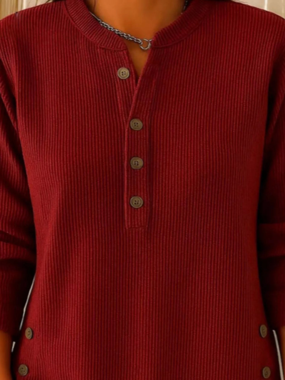 Women's Button Detail Corduroy Top in Wine Red, alternate view