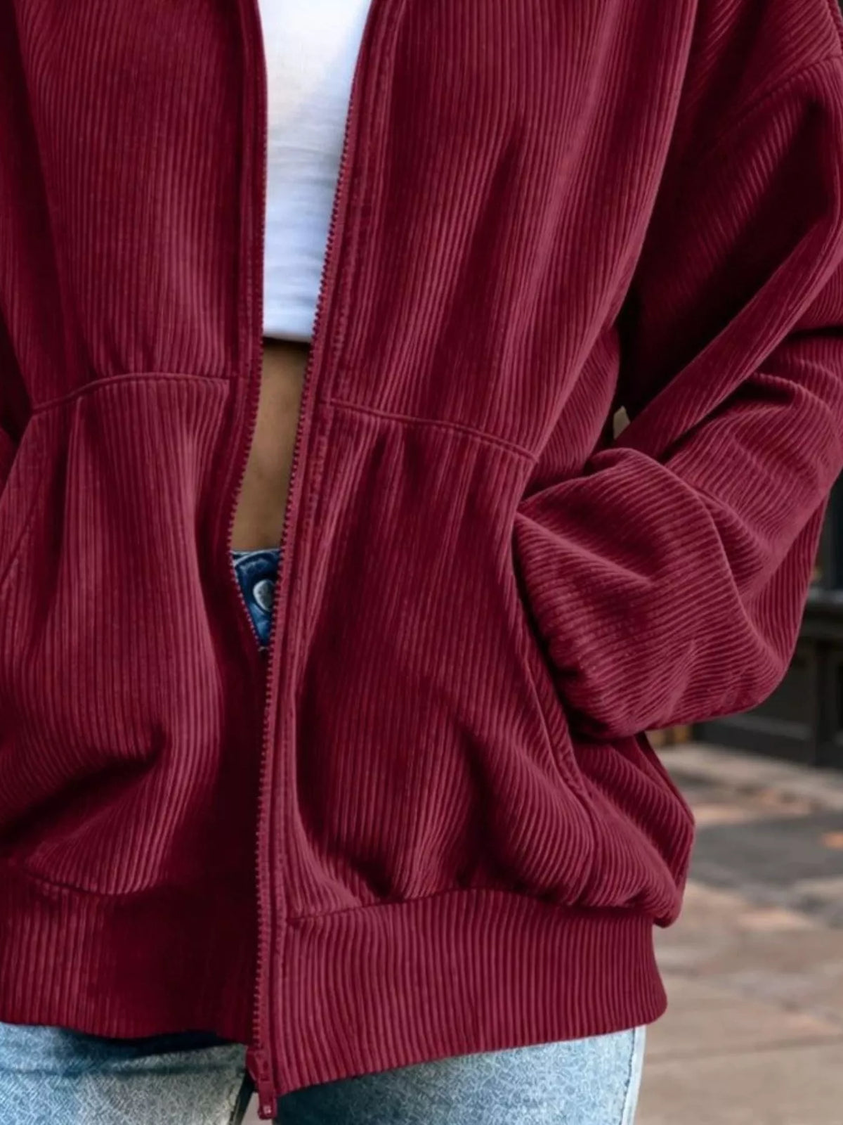 Burgundy corduroy zip-up jacket, patch pocket and cuff detail