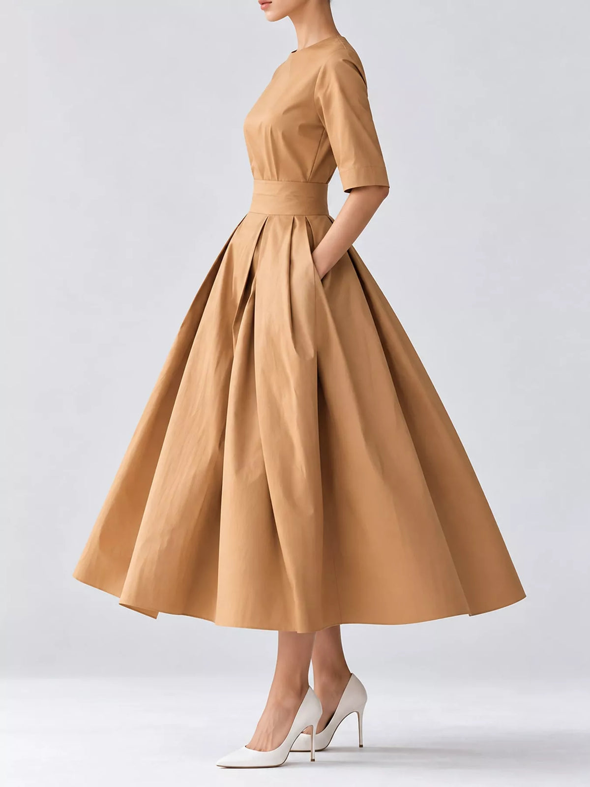 Round neck short sleeve midi dress, side view