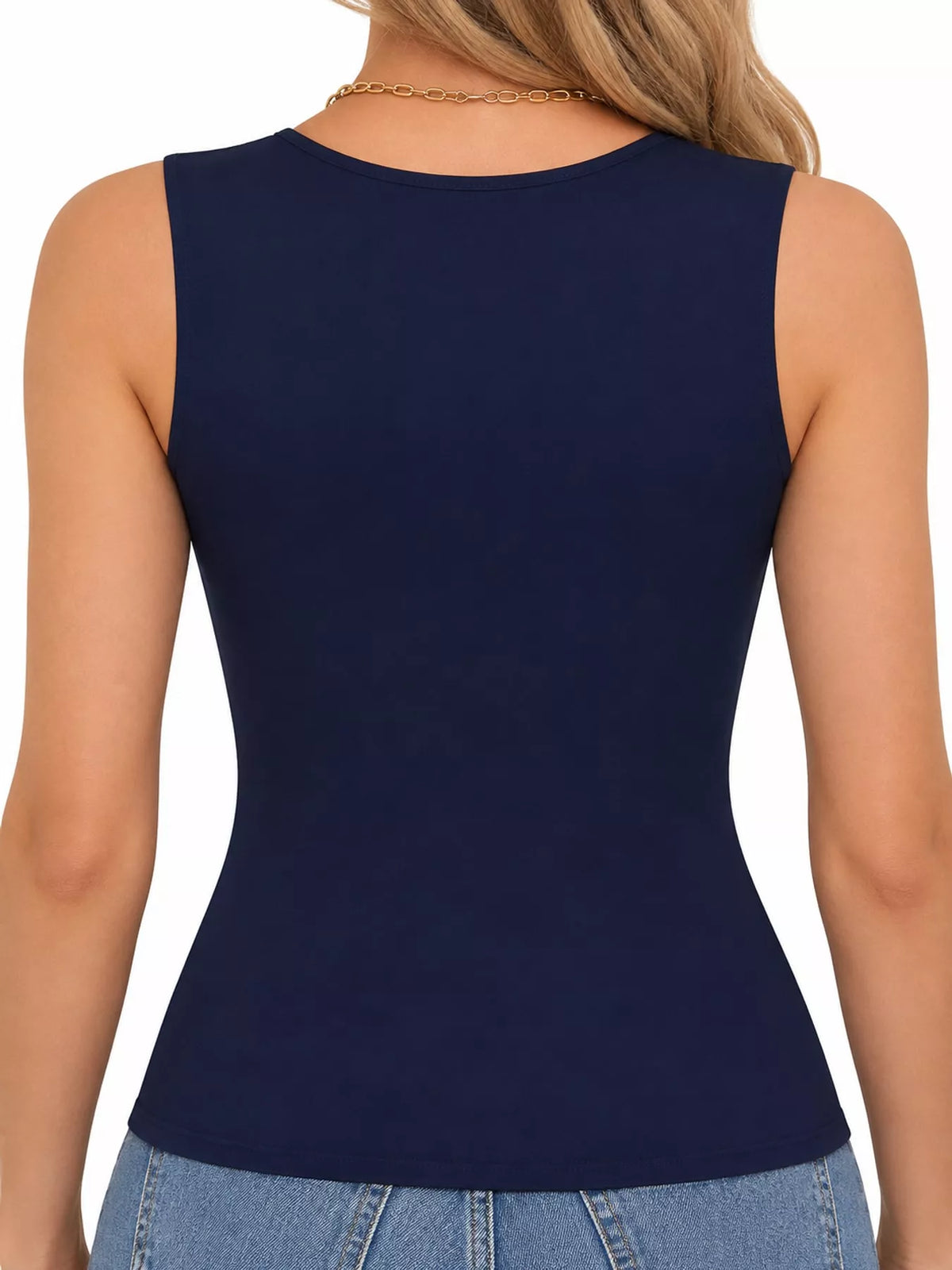 Navy square-neck tank, back view