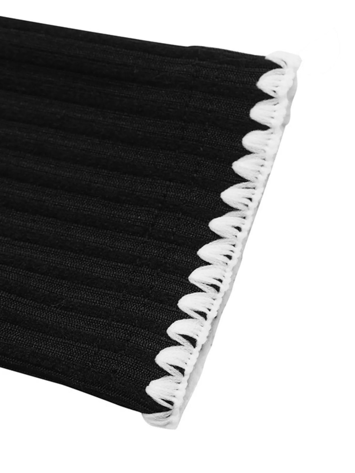 Black ribbed knit dress with white contrast trim, cuff trim detail