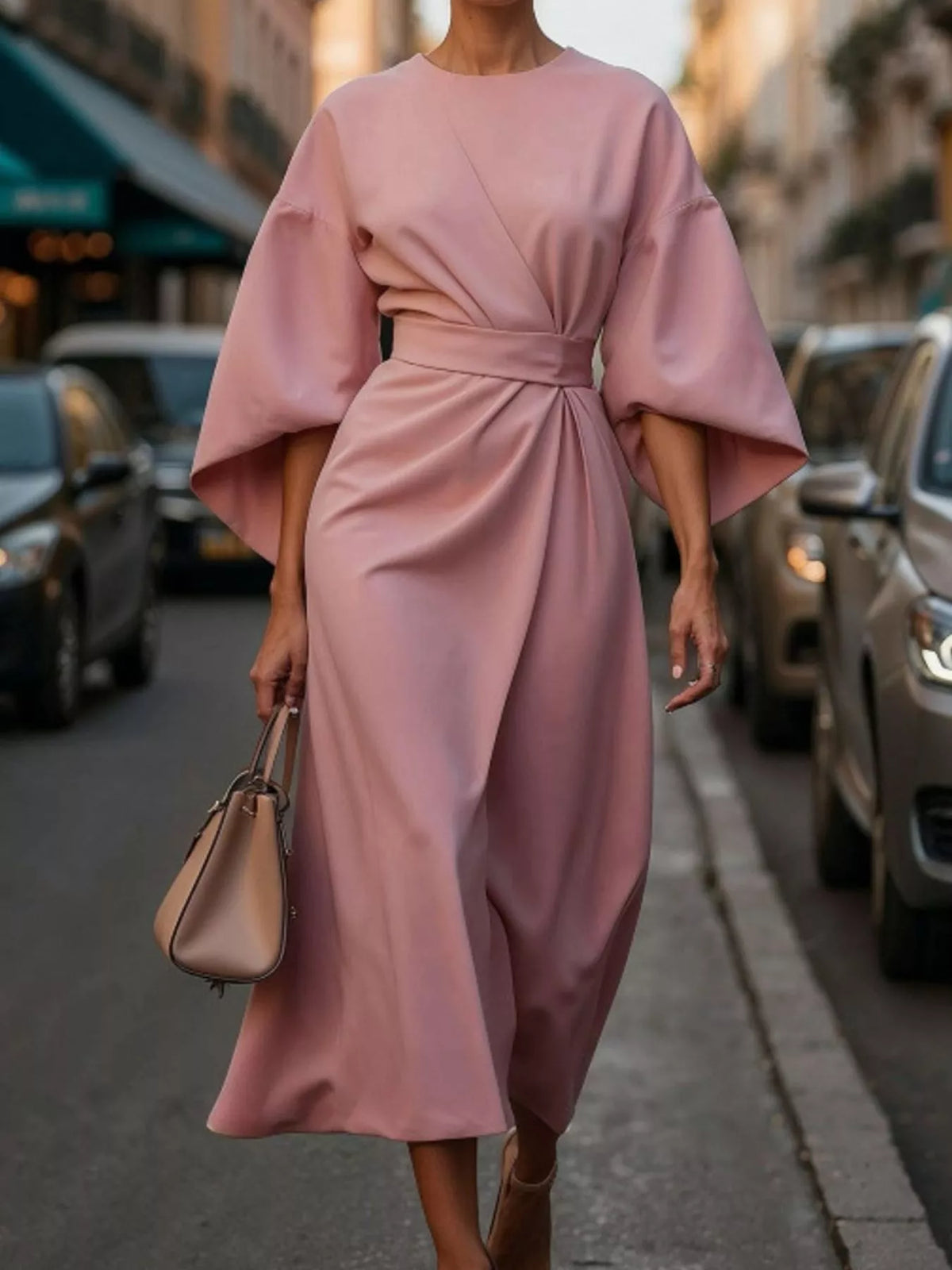 Pink round neck kimono sleeve midi dress