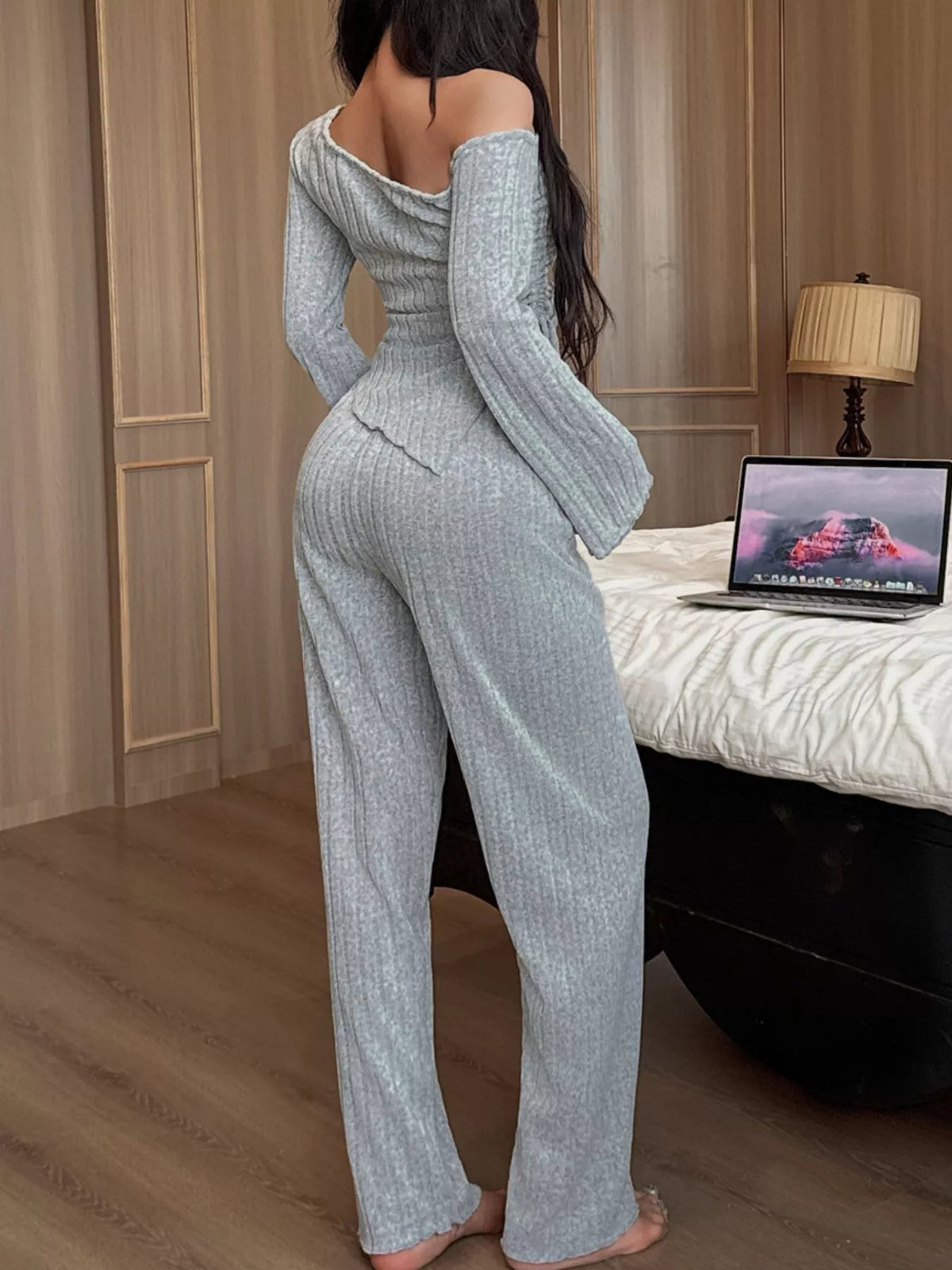 Trendsi One-Shoulder Ribbed Knit Top and Pants Set -