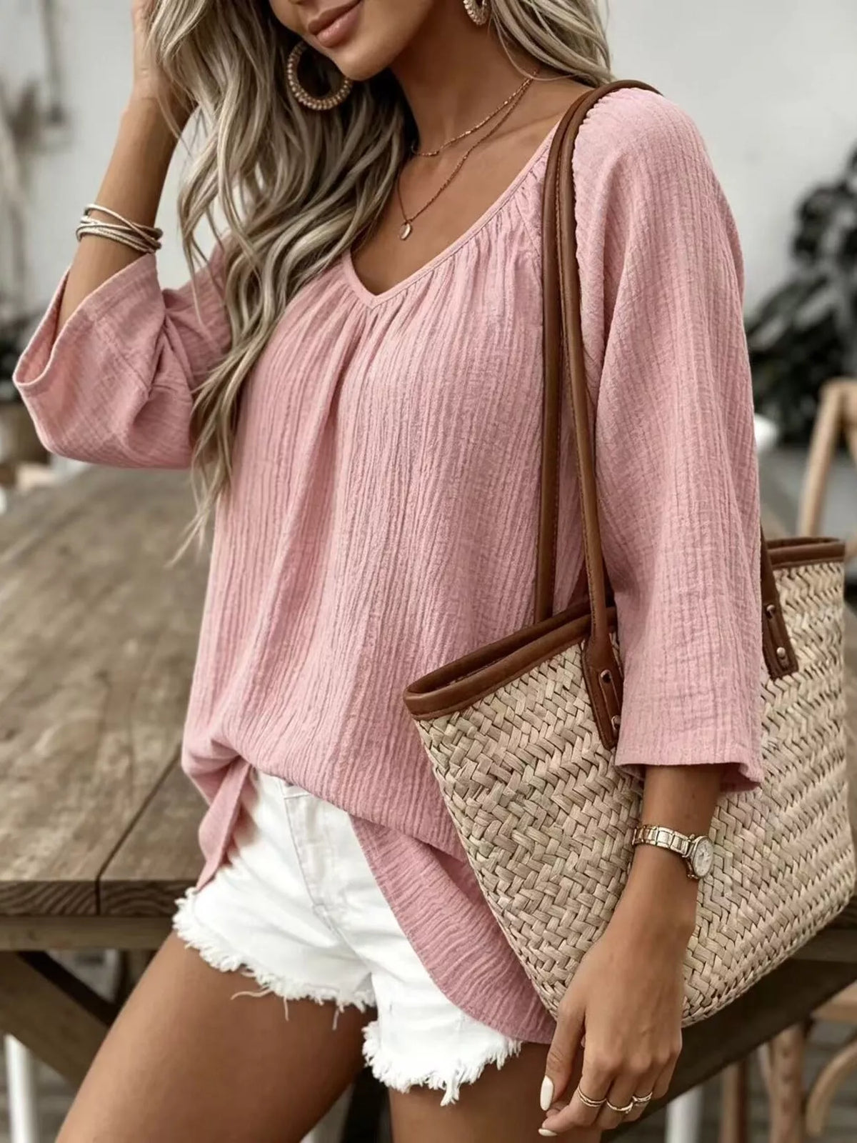 Textured V-Neck Casual T-Shirt, front view