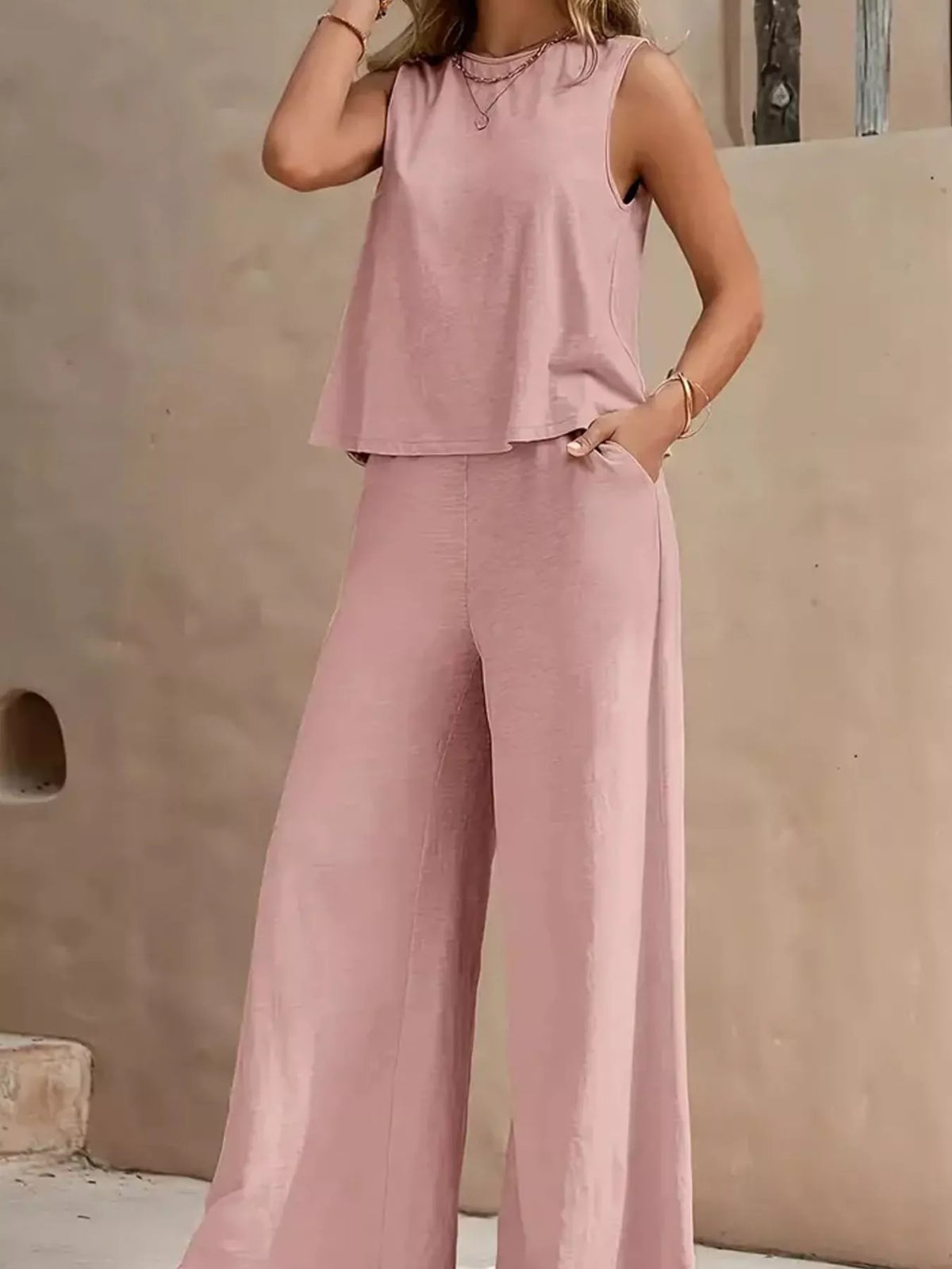 Sleeveless Tank Top and Wide-Leg Pants Set — front view