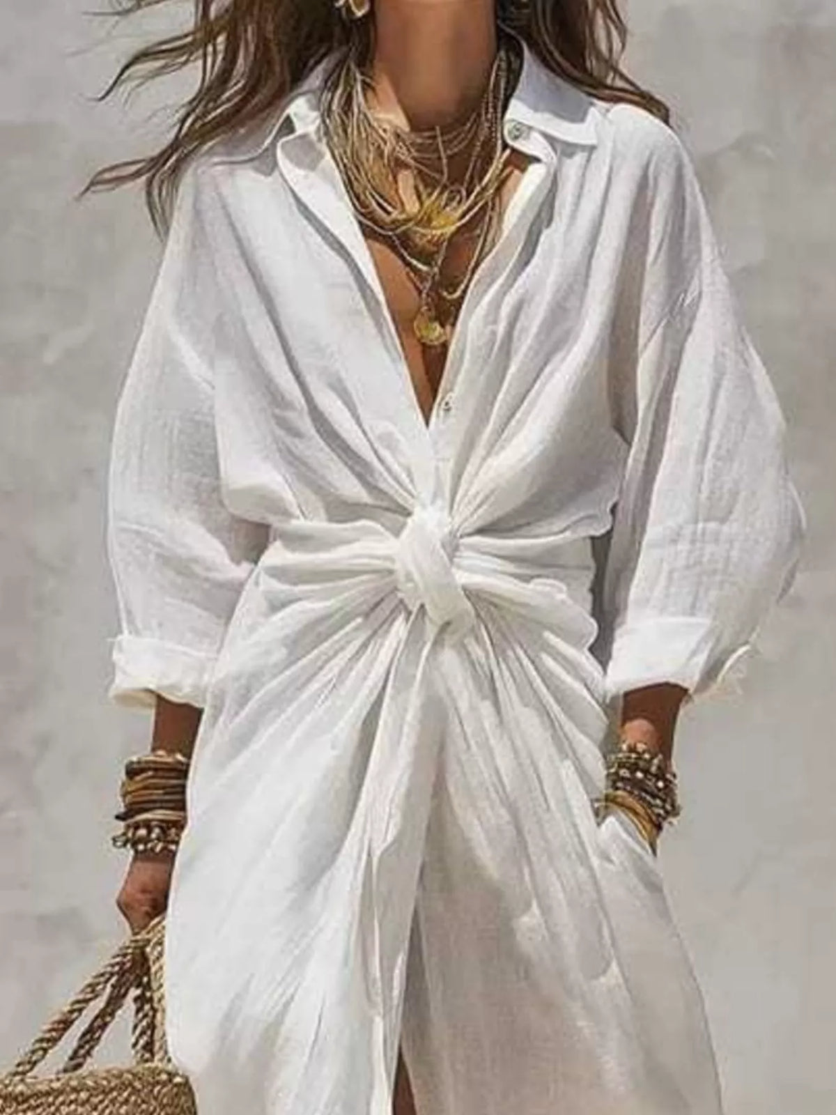 White front-tie linen blend maxi dress — design and construction details