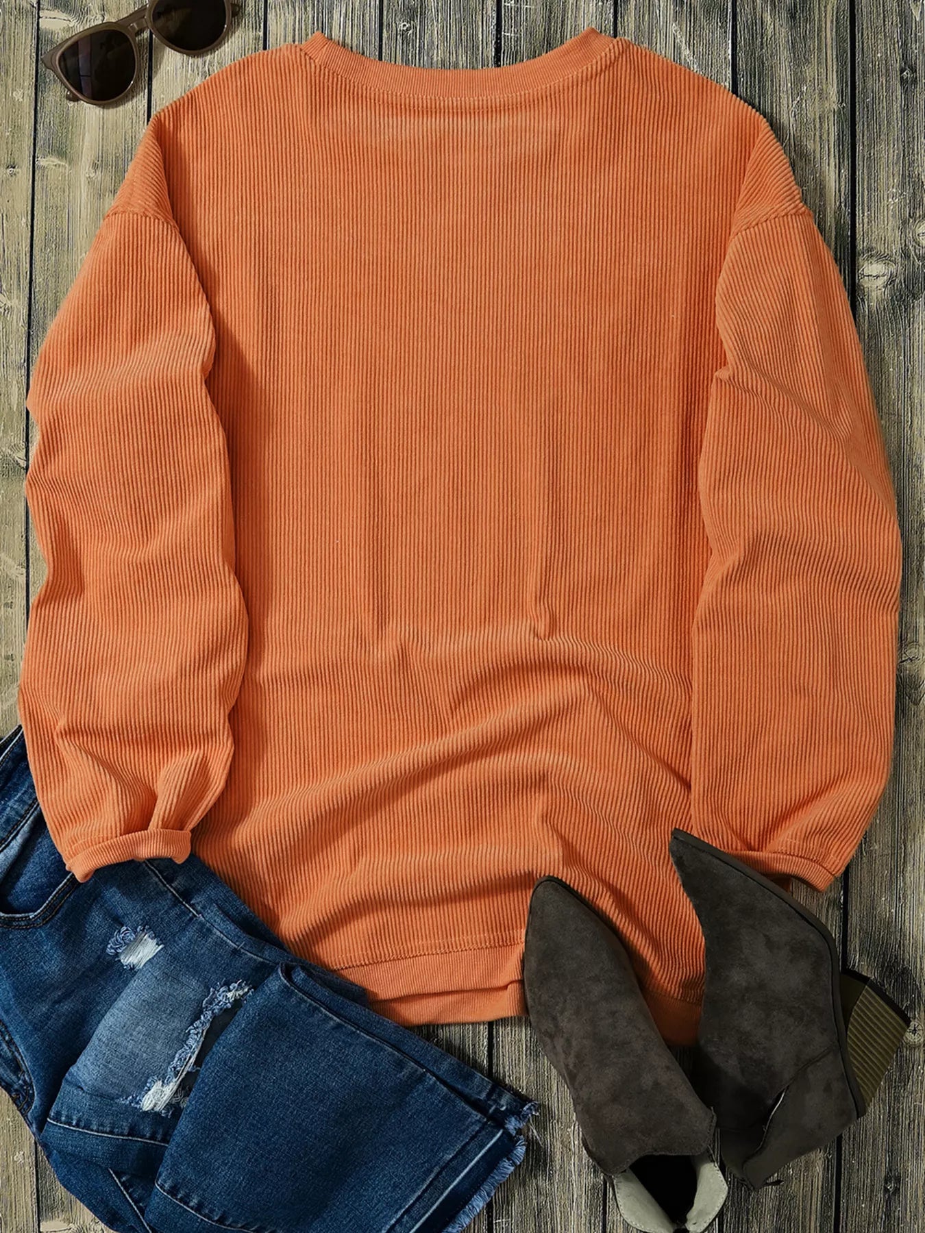 Trendsi Halloween Leopard Pumpkin Patchwork Ribbed Sweatshirt -