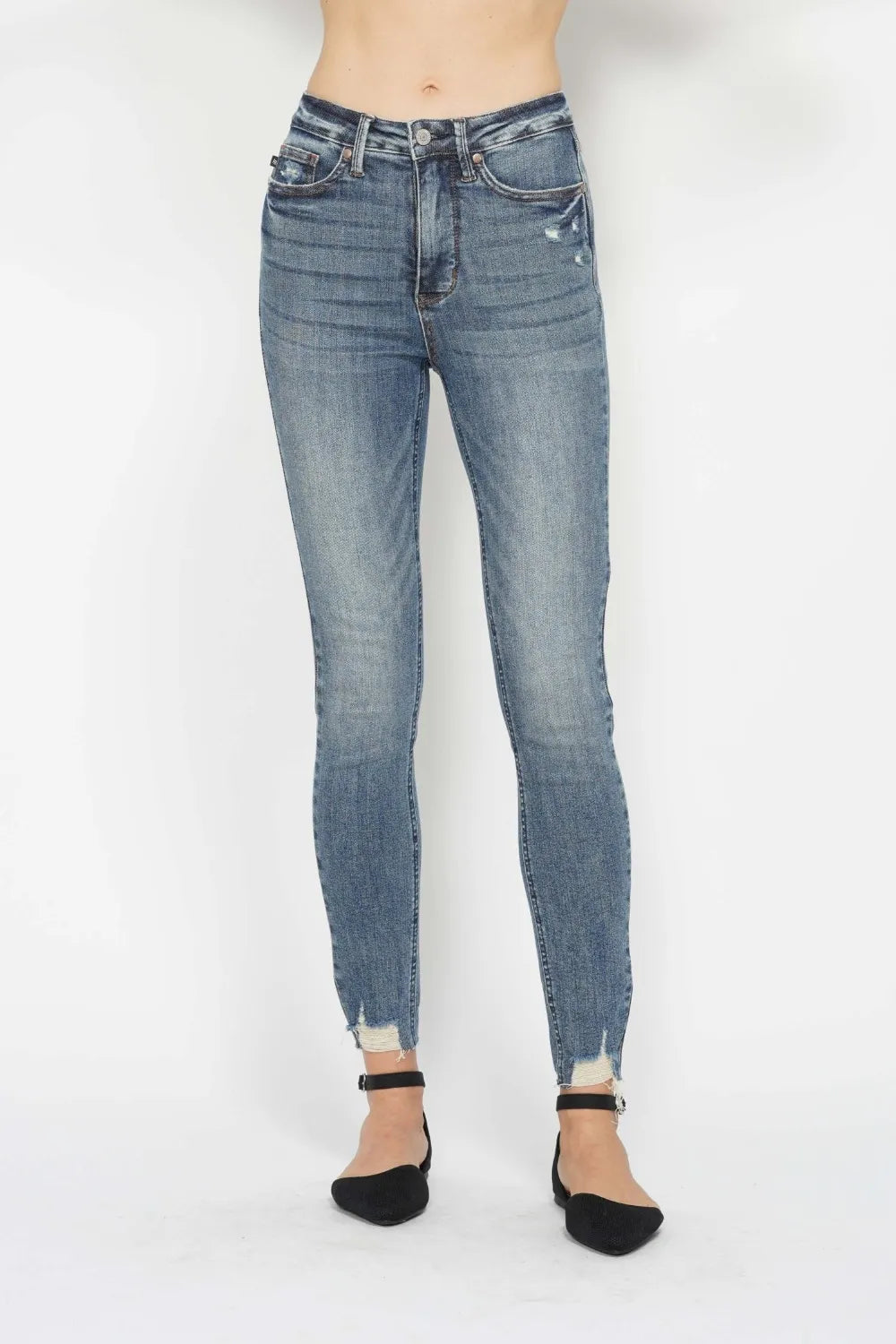 Trendsi Judy Blue Full Size Tummy Control Vintage Wash Hem Destroy Skinny Jeans - Pants