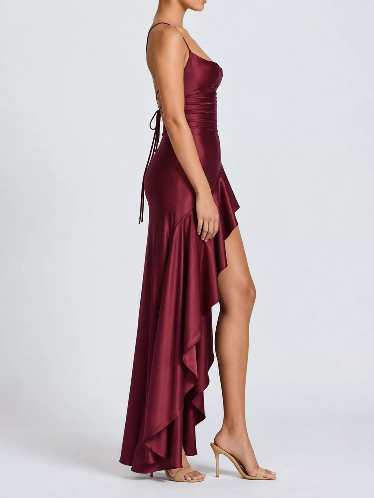 Burgundy high-low ruffle-hem evening dress, side view