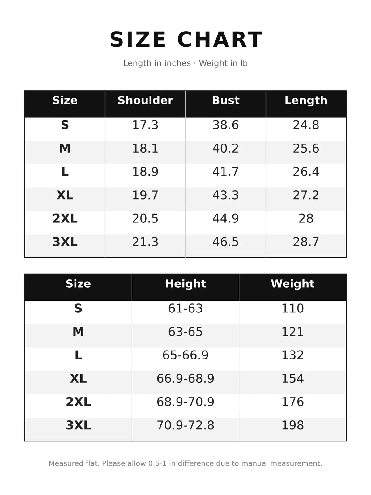 Size chart for pullover sweatshirt