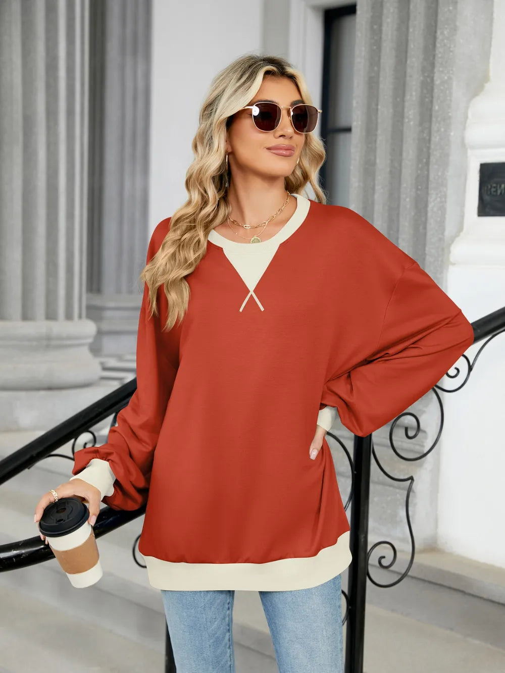 Trendsi Contrast Round Neck Long Sleeve Sweatshirt -