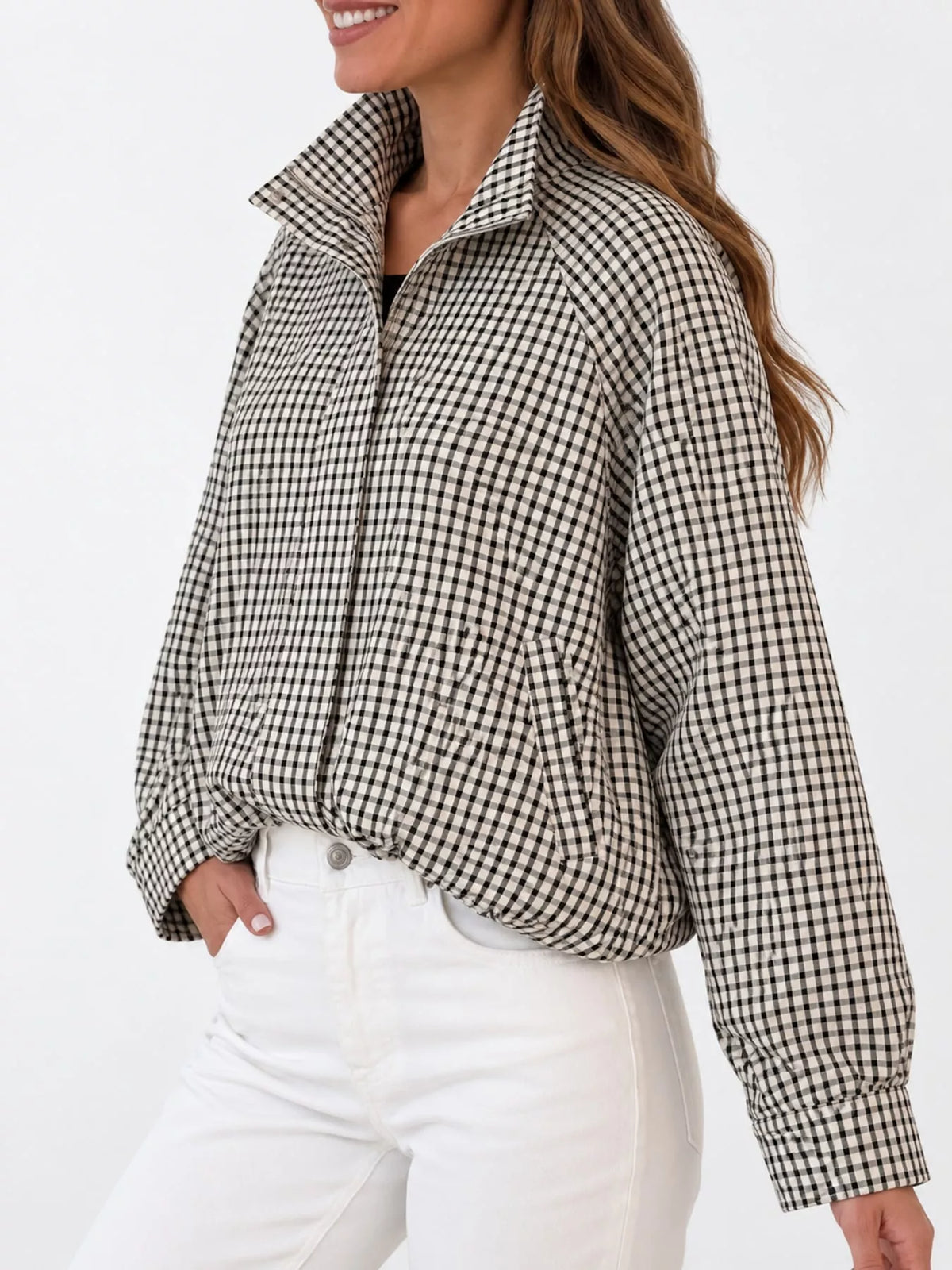 Black And White Plaid plaid stand-collar cropped jacket