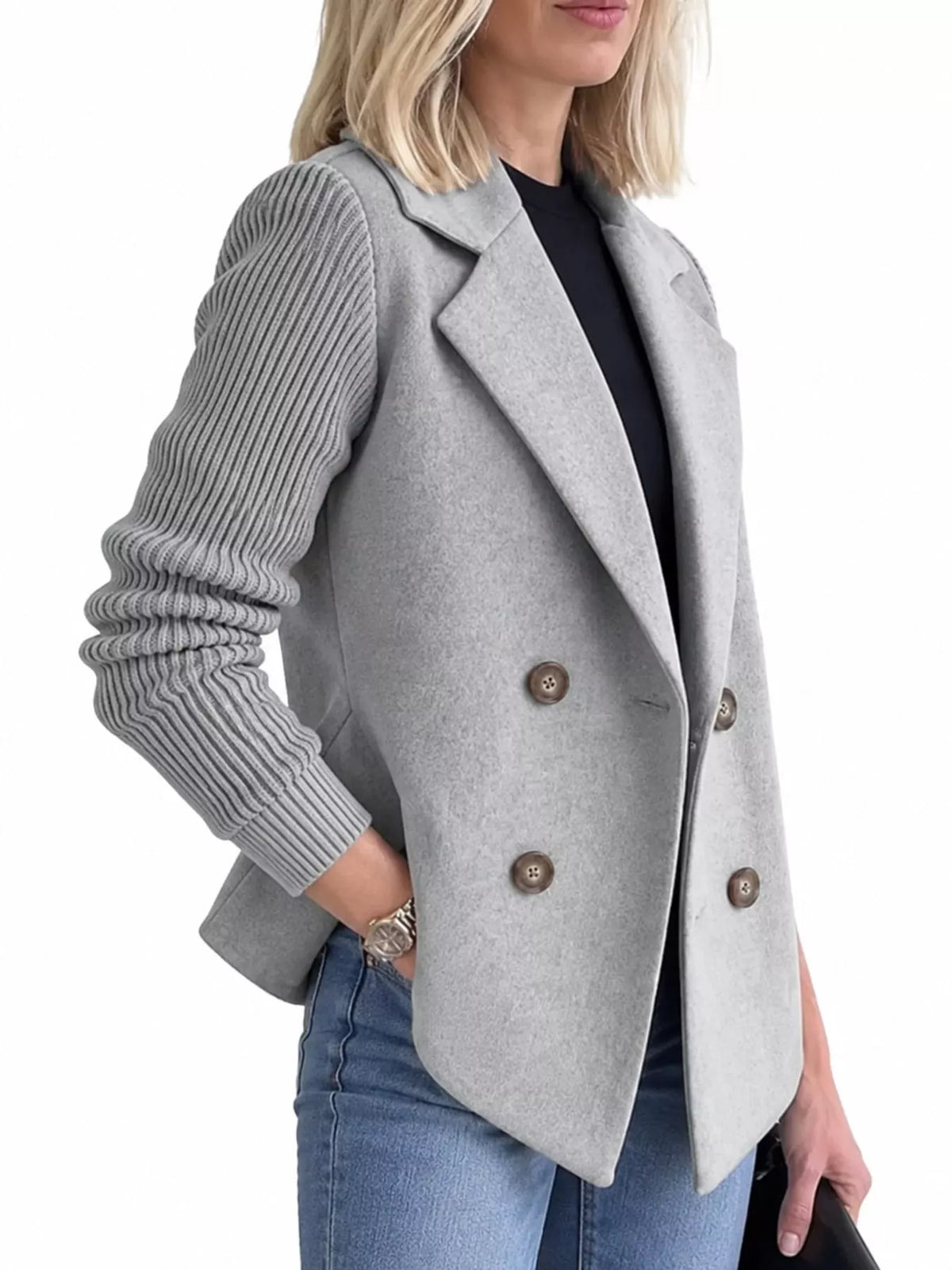Light Blue double-breasted blazer with ribbed knit sleeves