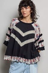Trendsi POL Round Neck Half Sleeve Contrast Floral Lace Oversized Knit Top -