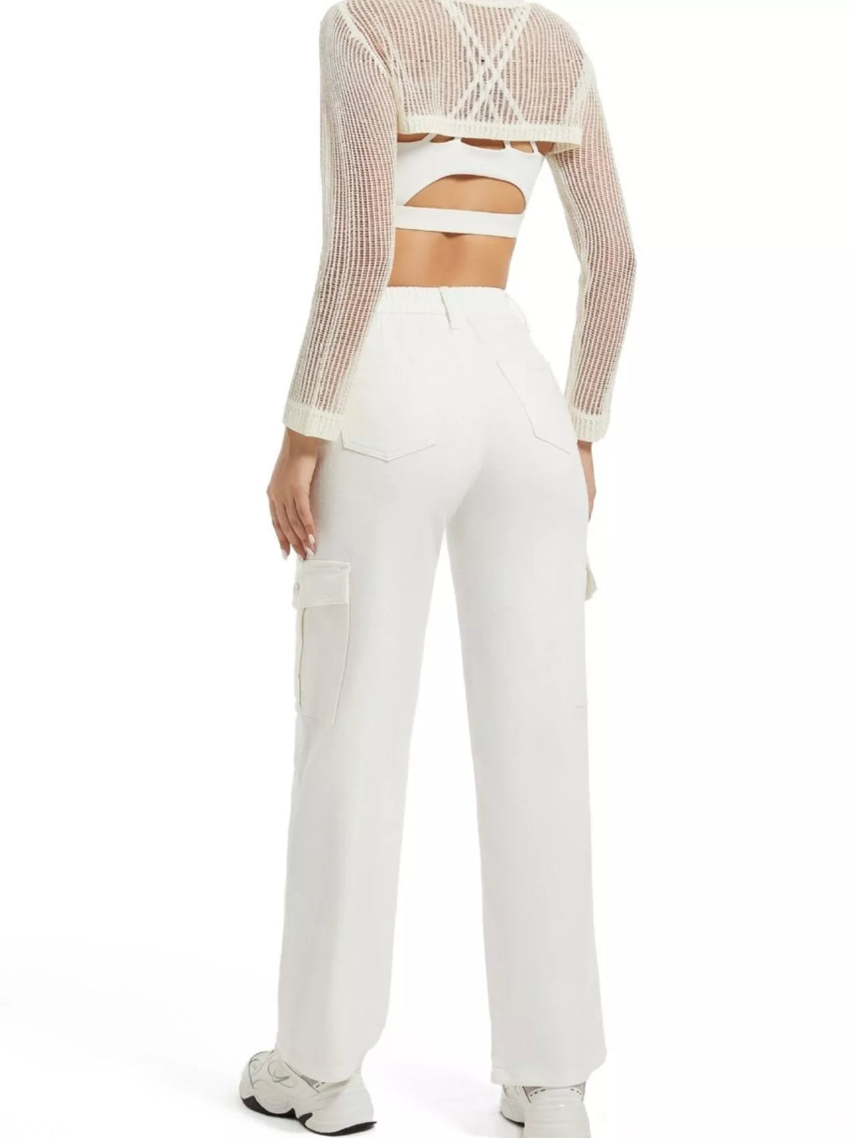 White wide-leg cargo jeans, back view