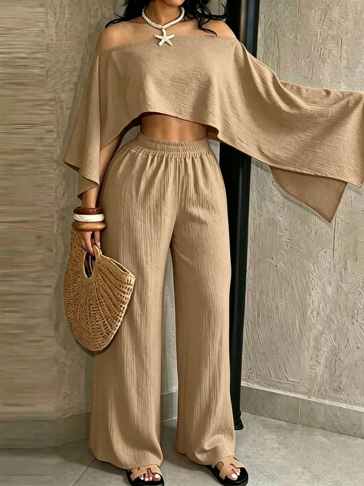Women's Boat Neck Crop Top and Wide-Leg Pants Set in taupe — front view