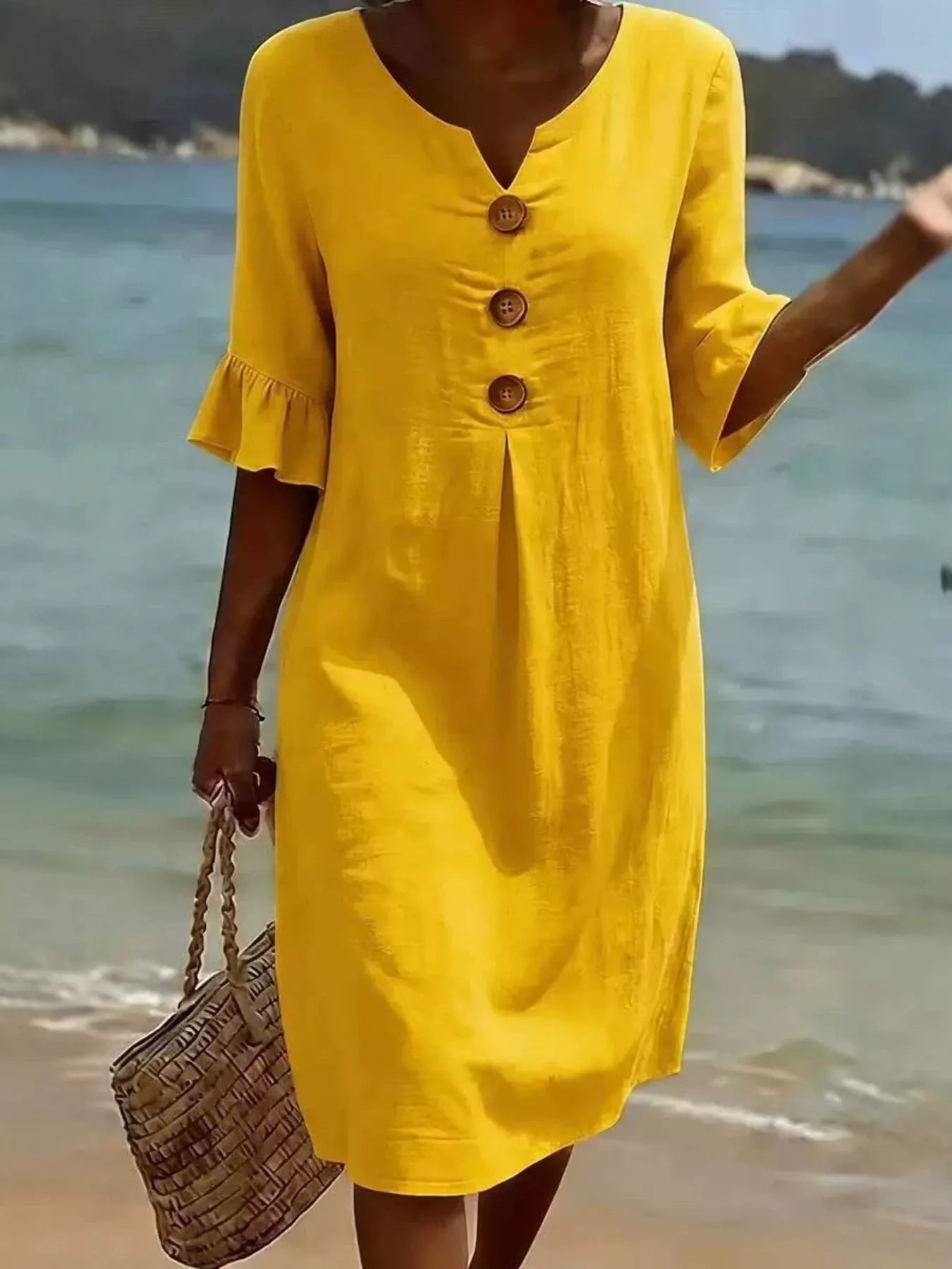Trendsi Full Size Casual Decor Button Dress with Ruffle Sleeves Plus Size -