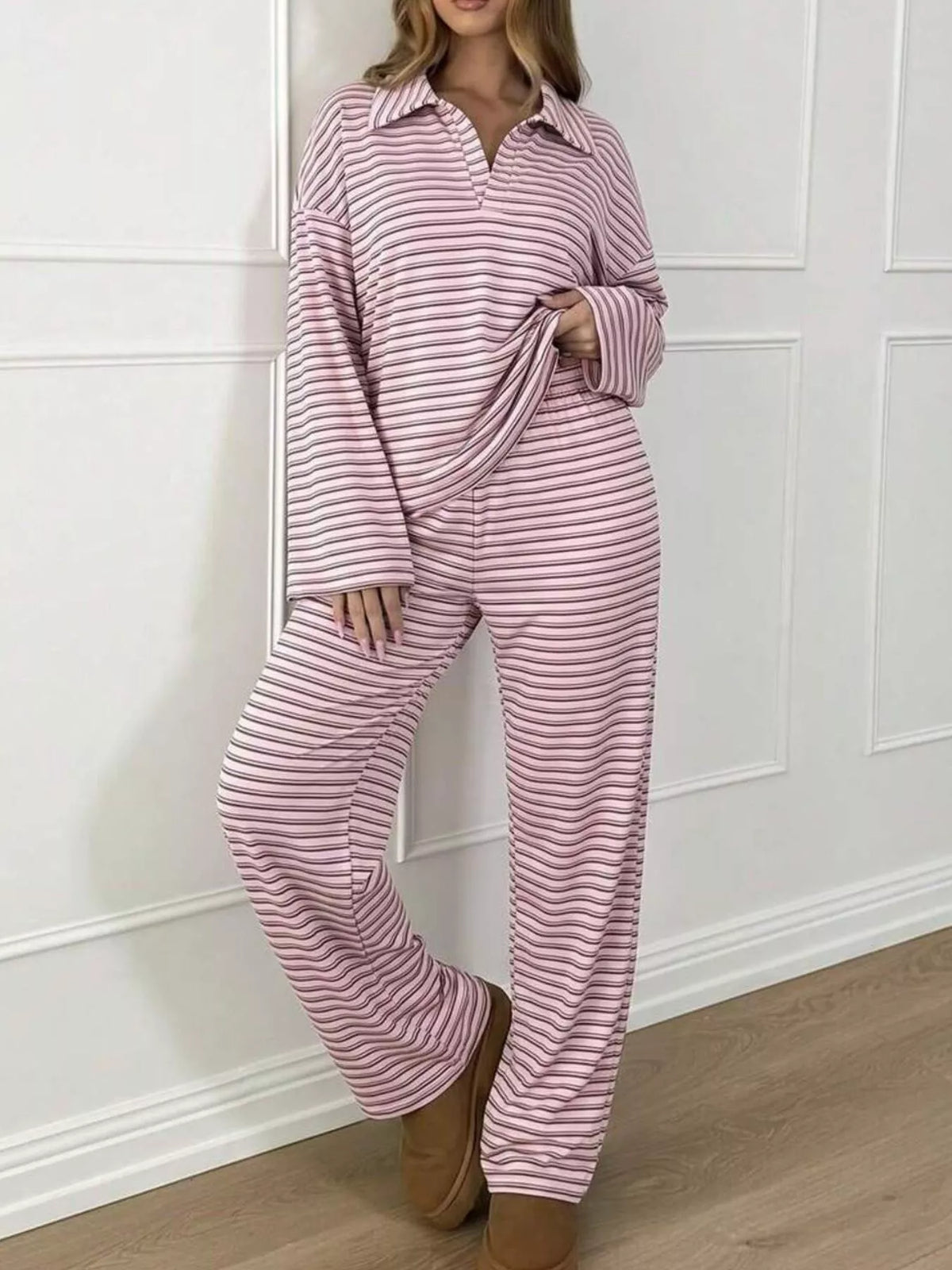 Striped Polo Top and Wide-Leg Pants Set, front view