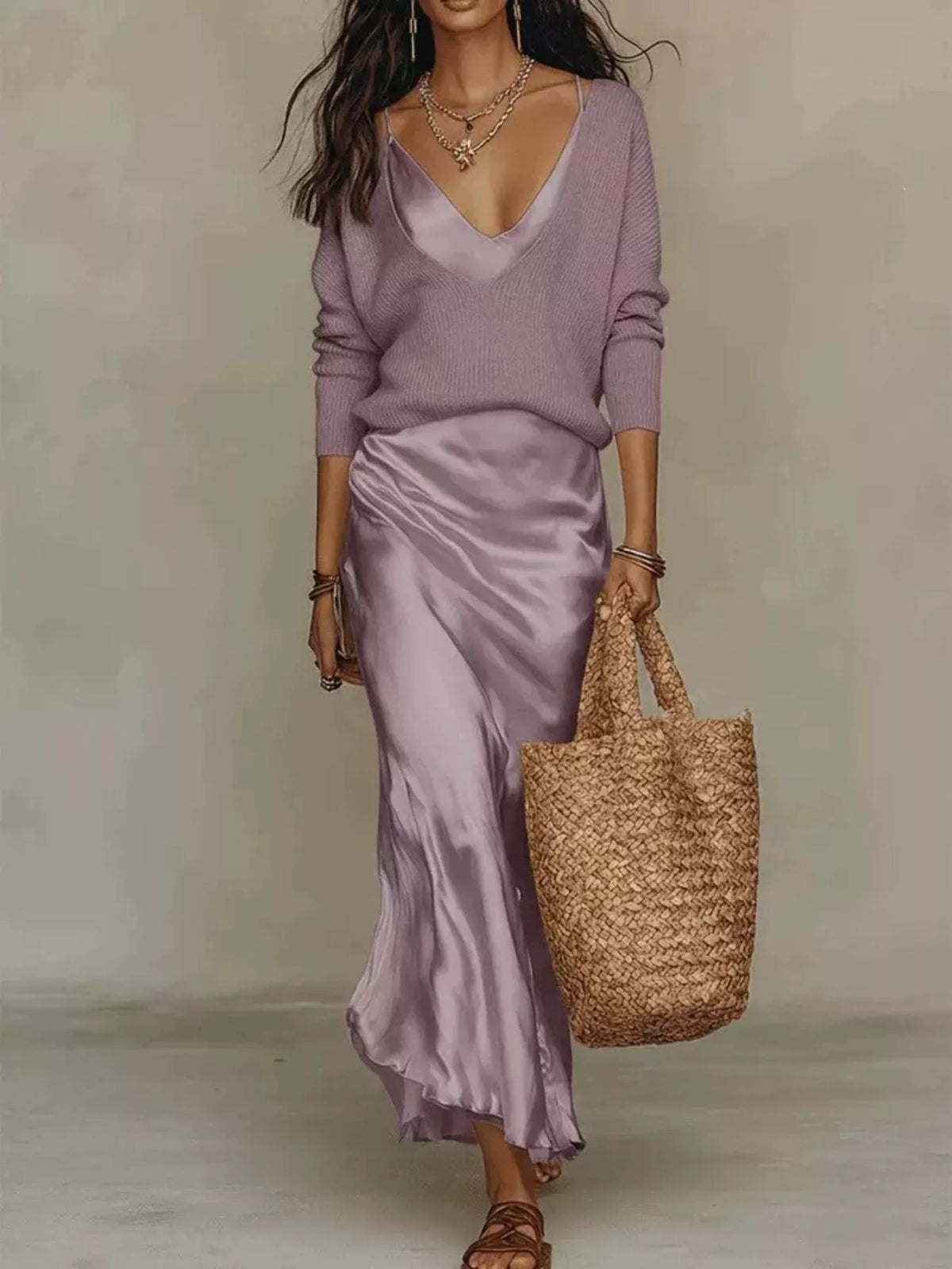 Satin Maxi Dress Two-Piece Set — front view