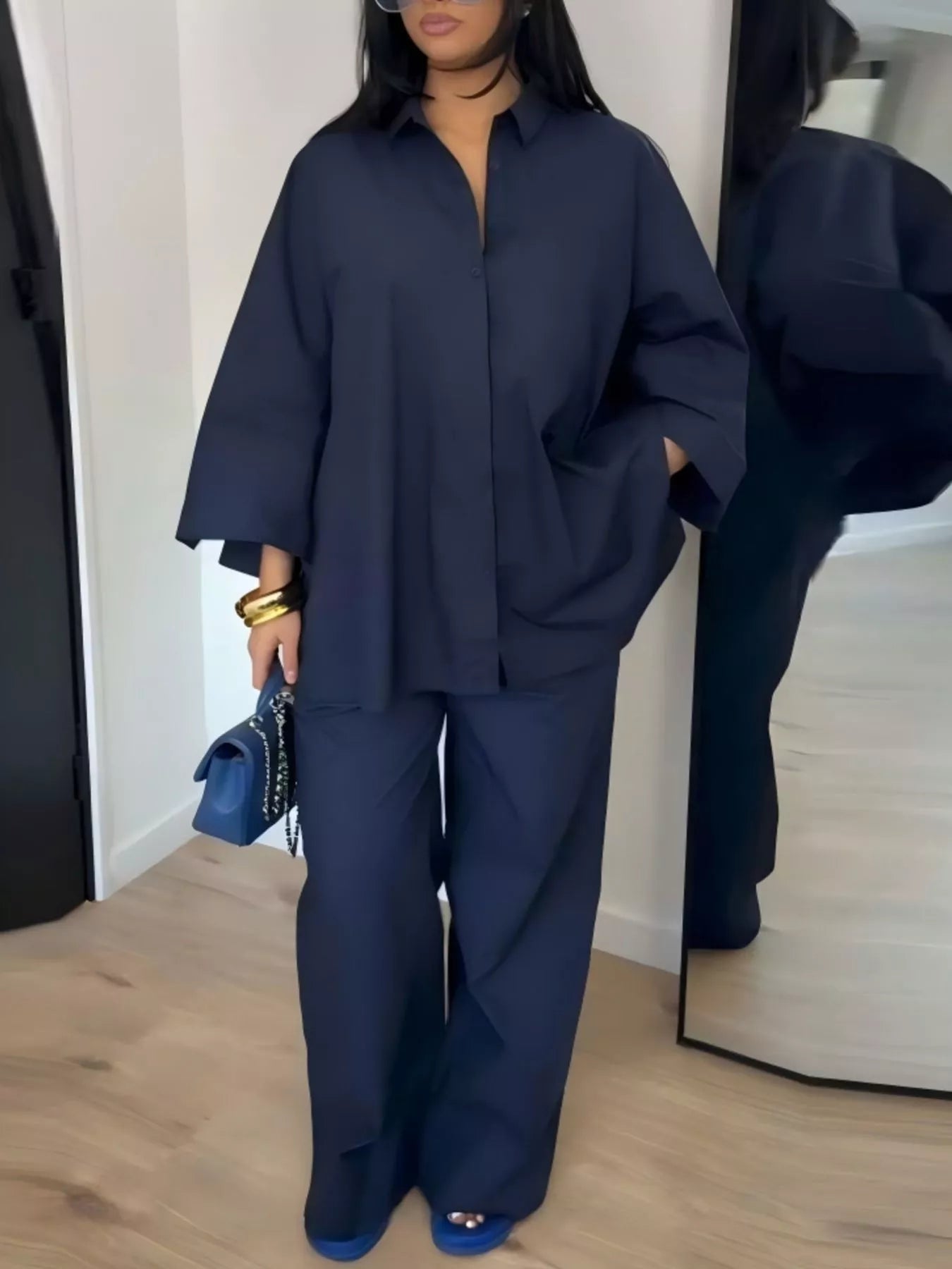 Trendsi Button-Down Shirt and Wide-Leg Pants Two-Piece Set -
