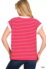 Trendsi Zenana Full Size Contrast Trim Cap Sleeve Stripe Tee Plus Size -