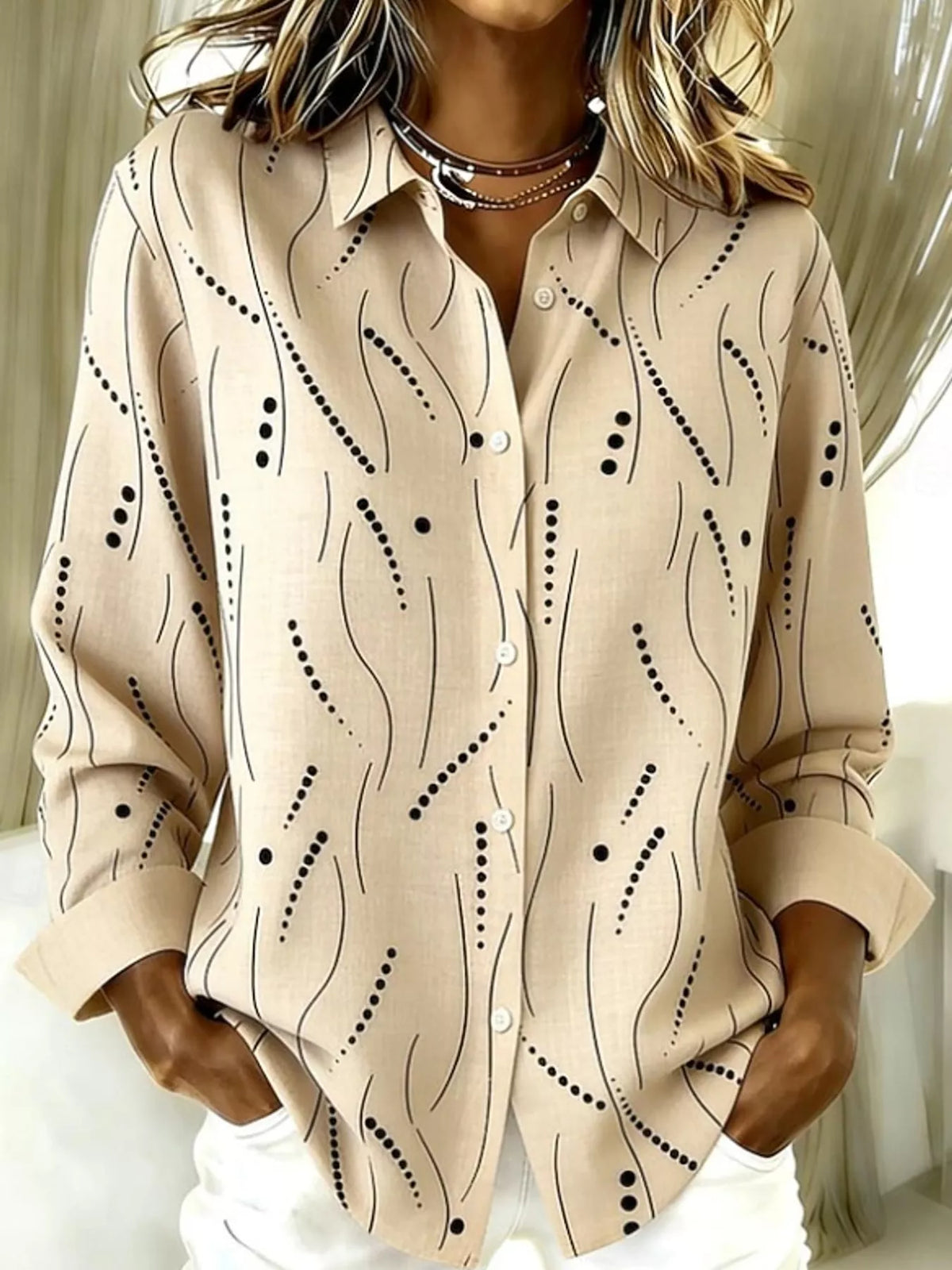 Beige abstract-print long sleeve shirt