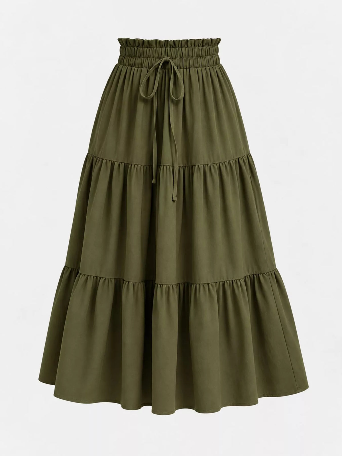 Olive drawstring tiered skirt — front view