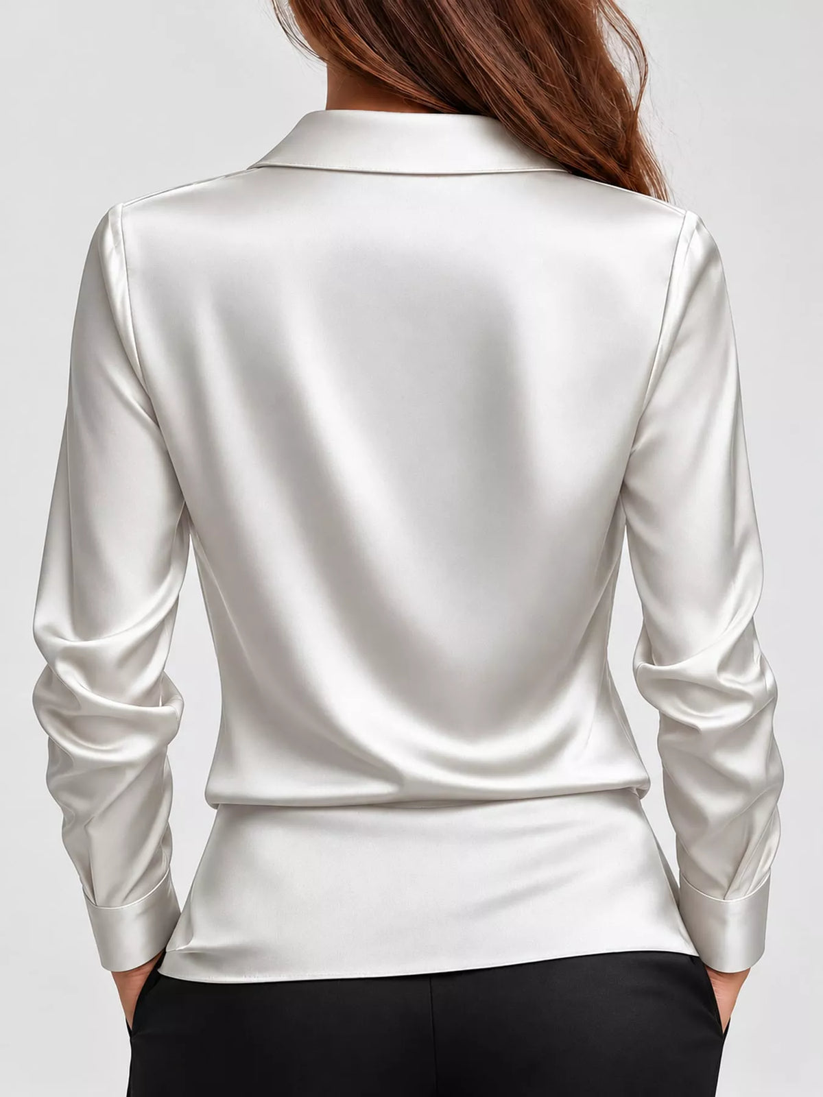 White satin cowl neck blouse, back view
