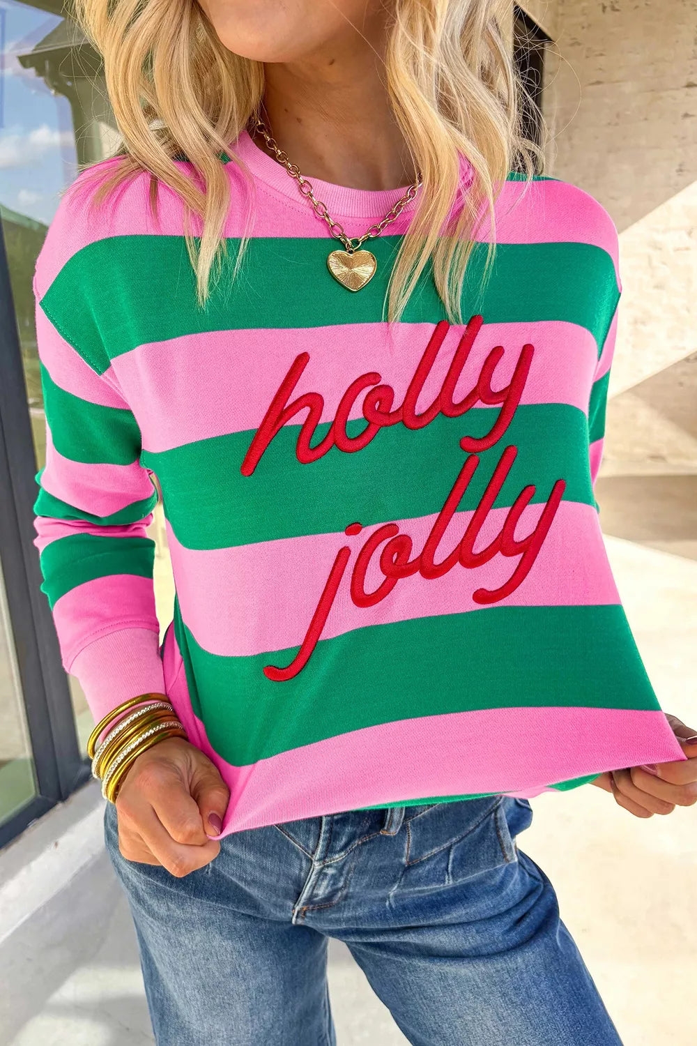 Trendsi Stripe holly jolly Letter Embroidered Pullover Sweatshirt -