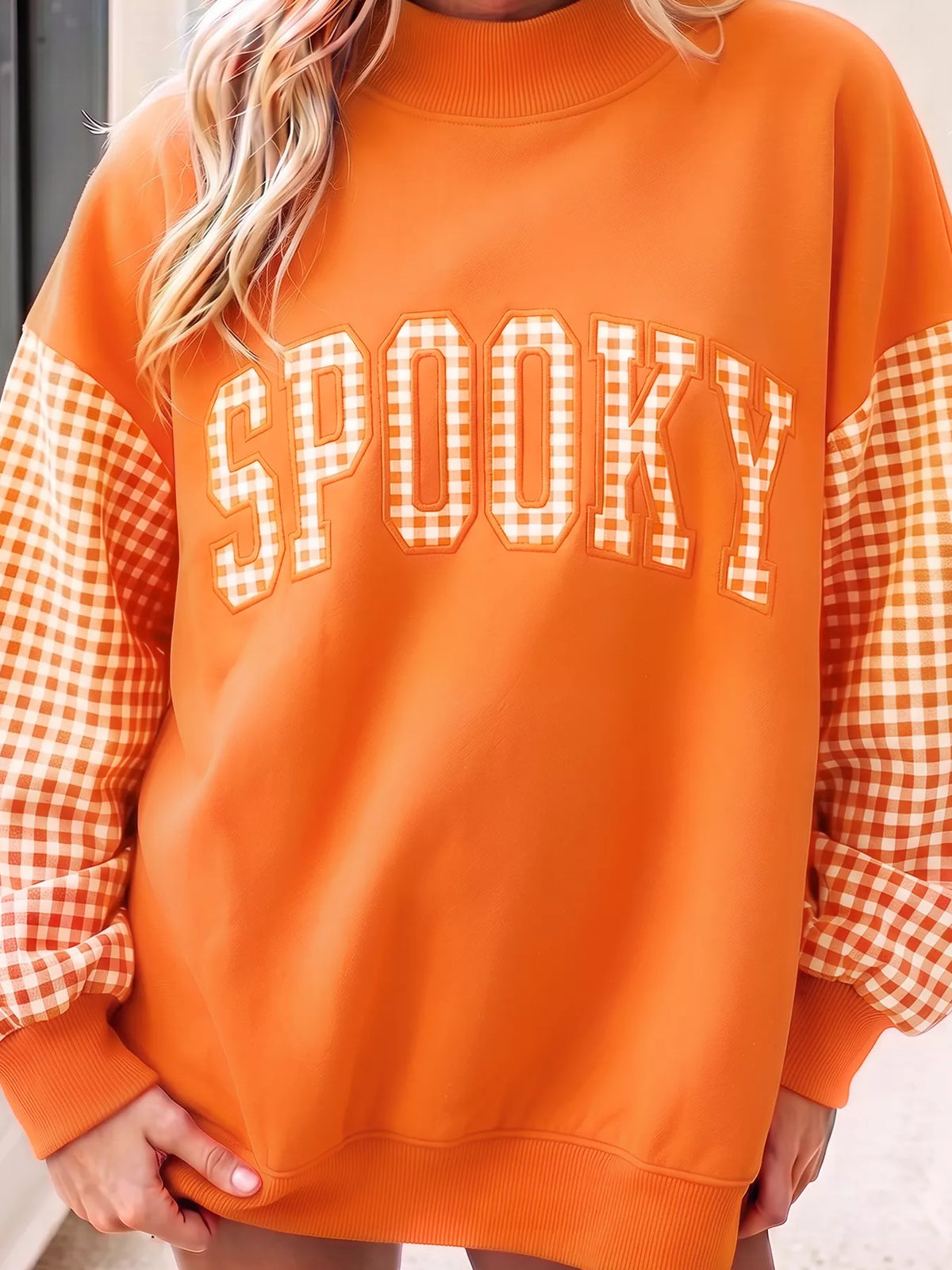 Orange gingham sleeve slogan sweatshirt