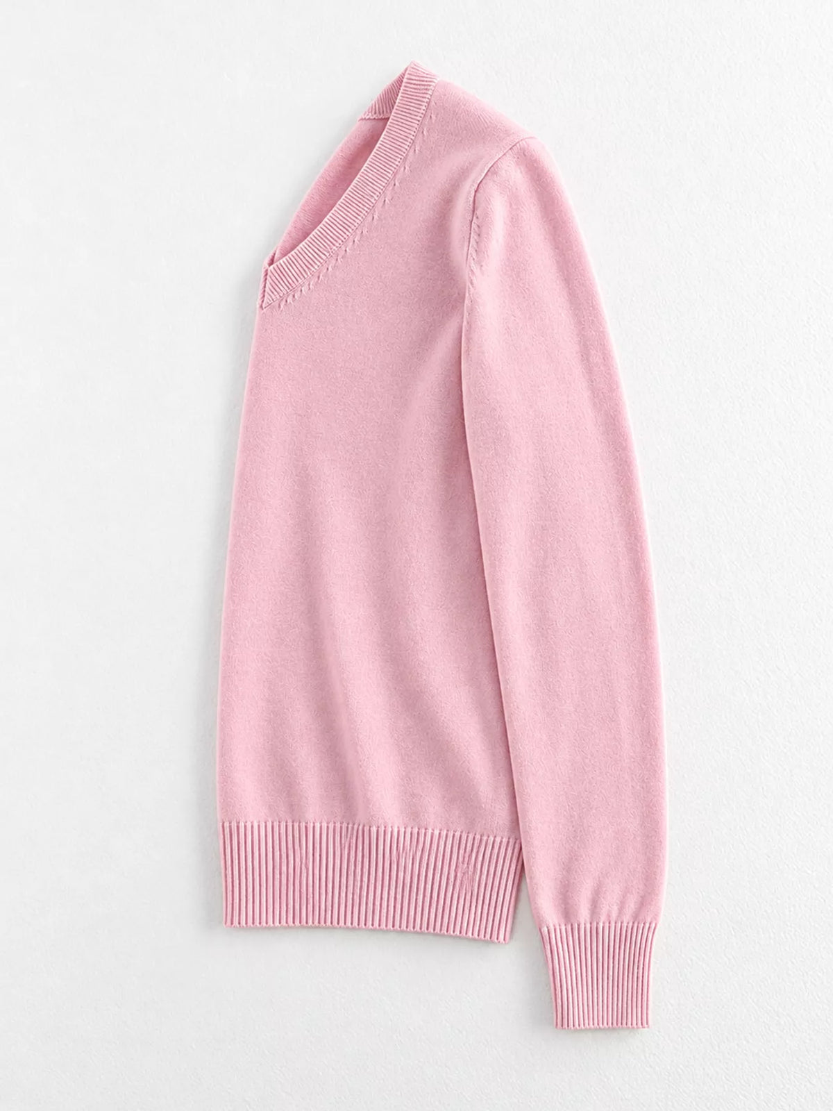 Women's V-Neck Long Sleeve Sweater in pink — side view