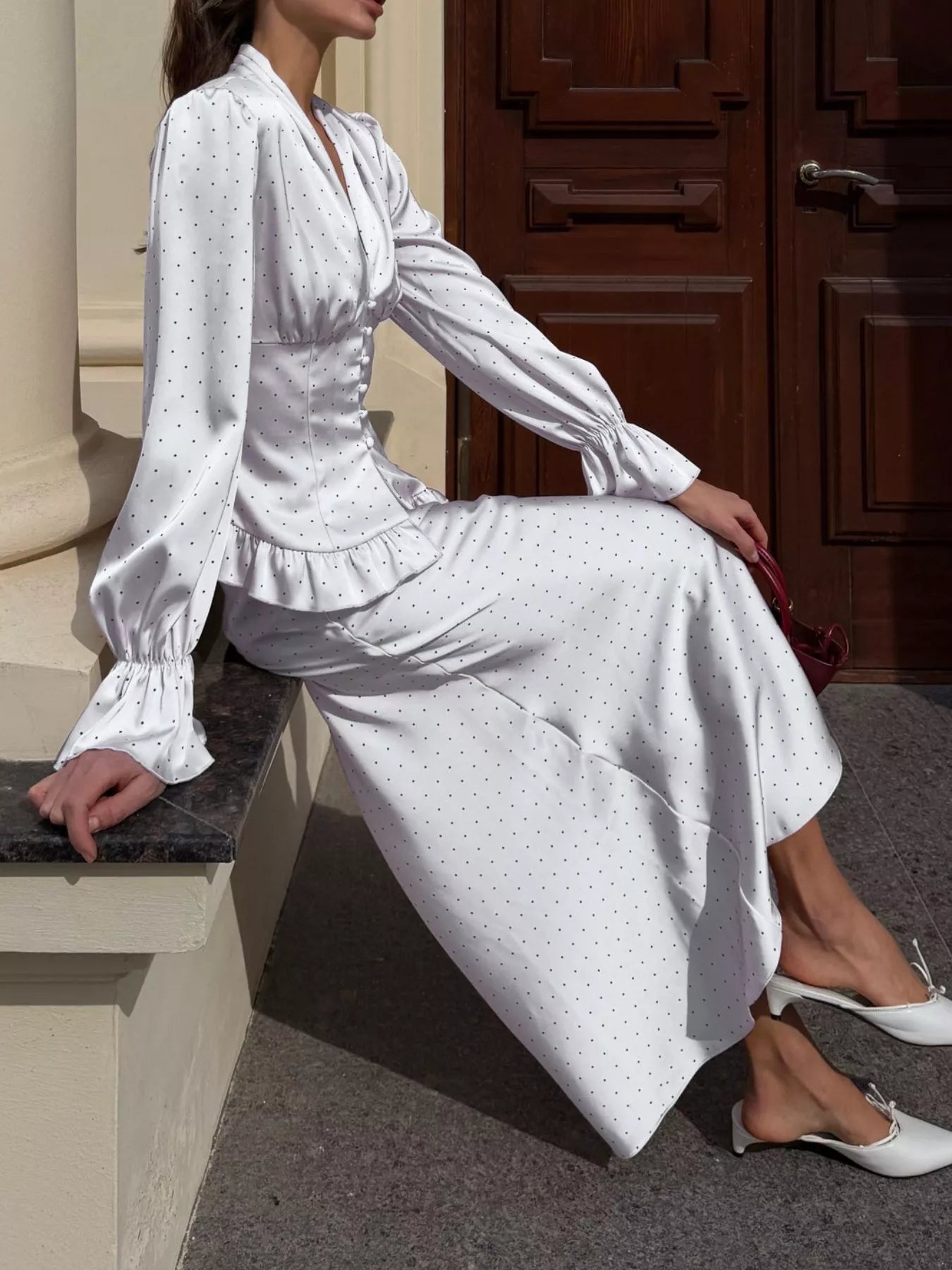 Trendsi Satin Polka Dot Top and Skirt Set -