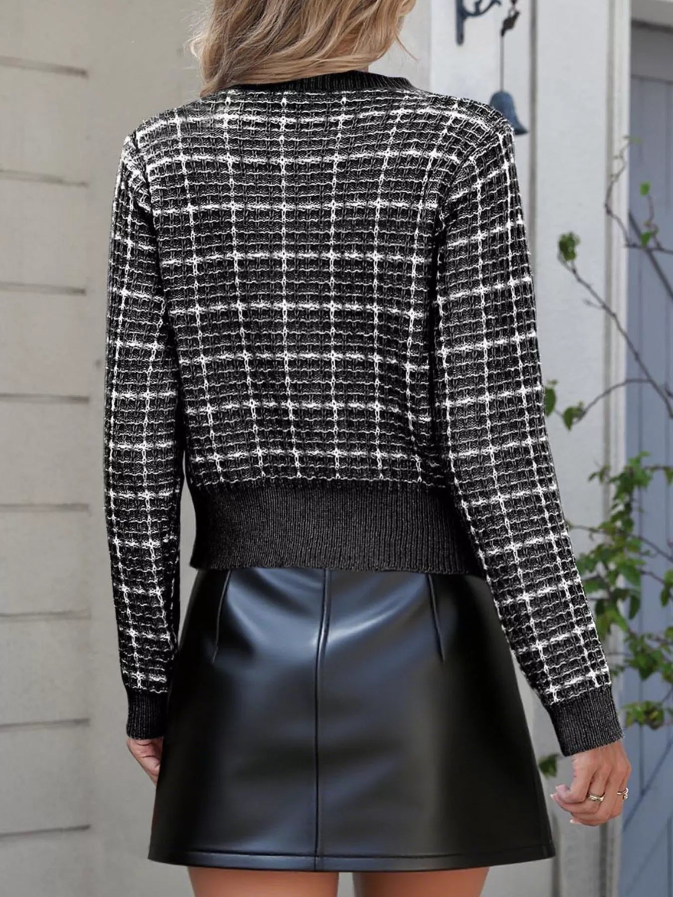 Tweed-style bow button-down cardigan