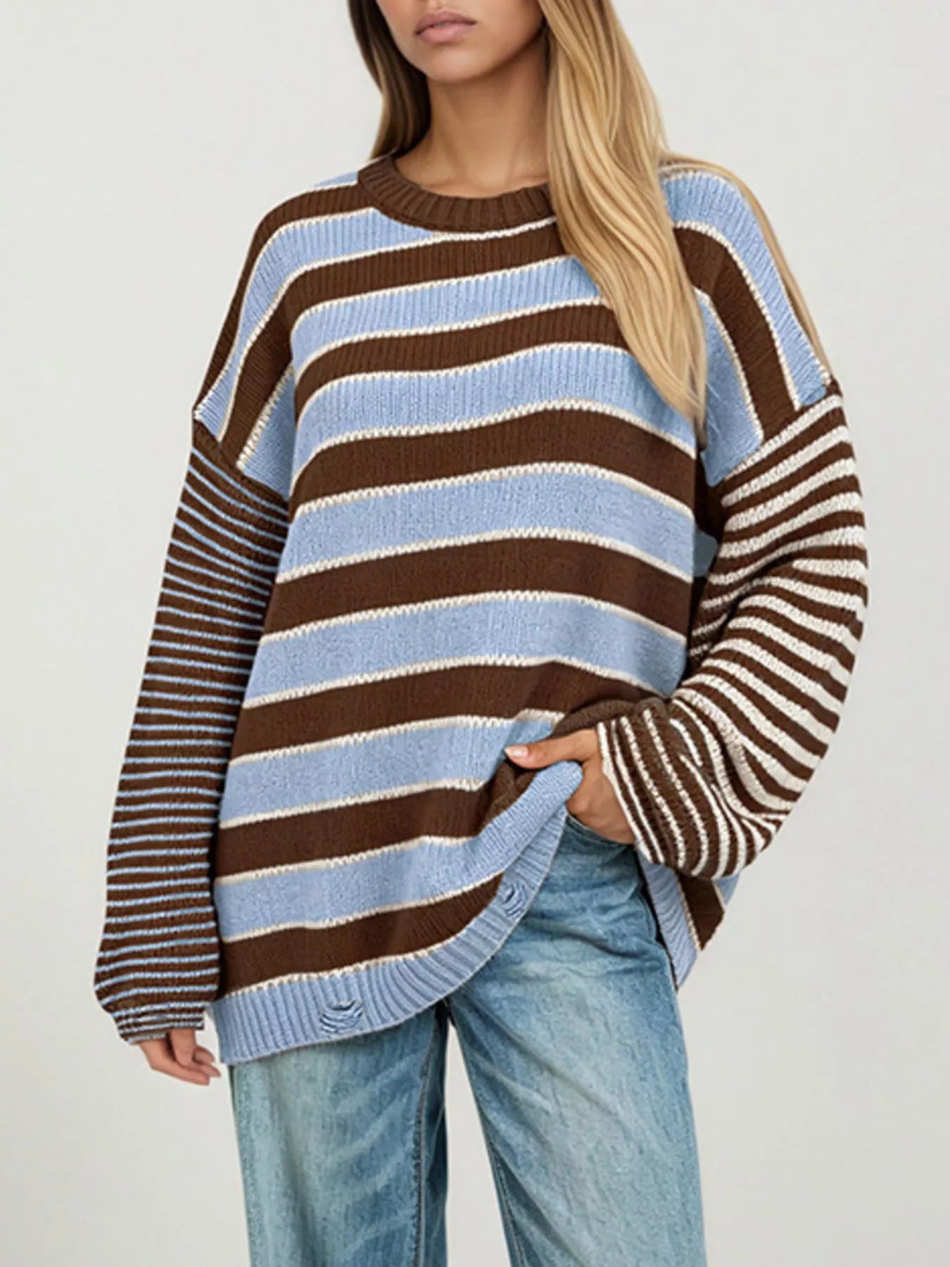 Trendsi Oversized Striped Distressed Sweater -