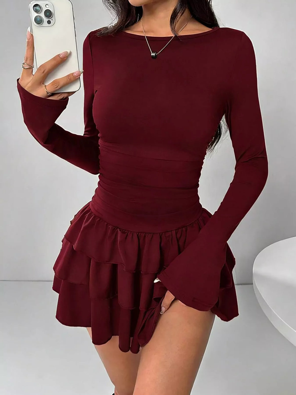 Burgundy layered ruffle mini dress
