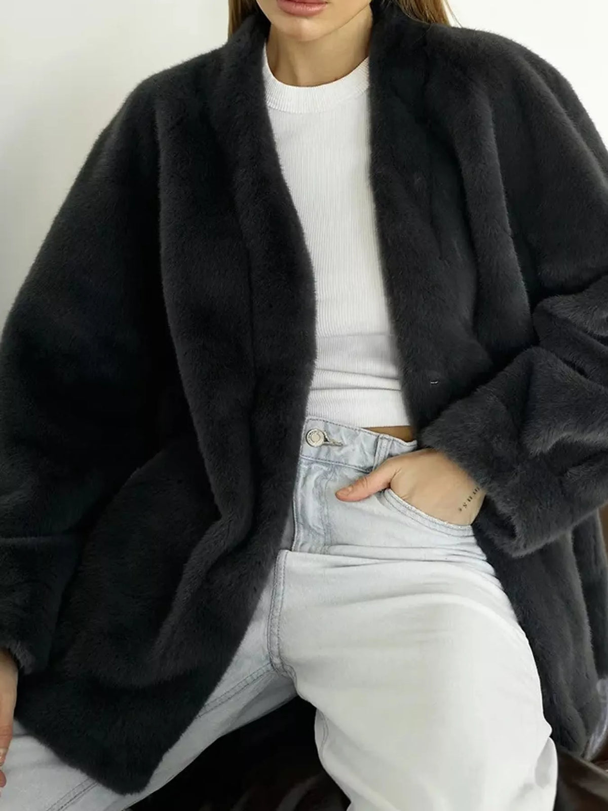 long sleeve jacket, front view on model